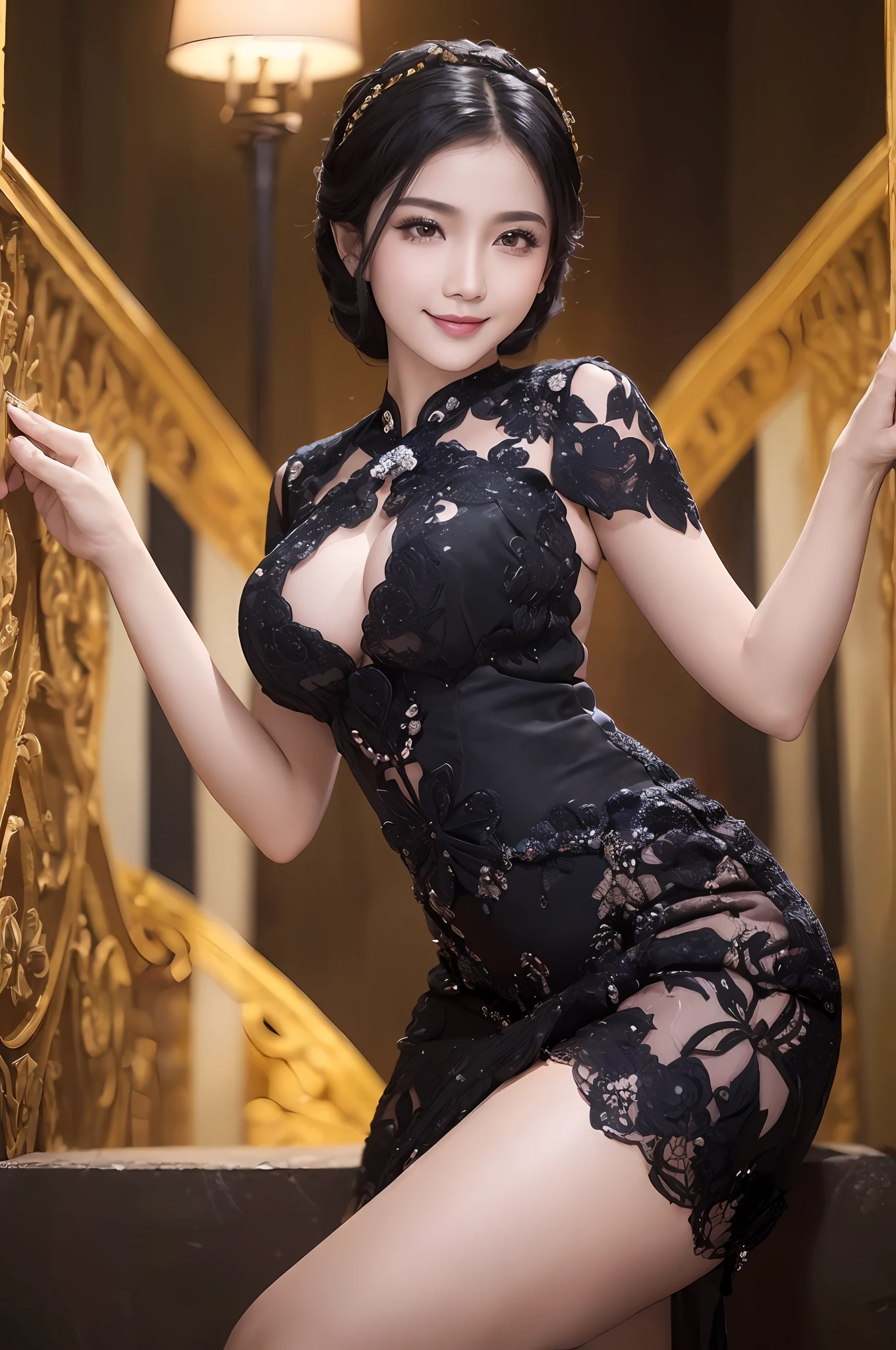 ((A women wearing kebaya: 3)). 40k, photography, masterpiece, best quality, paarty background, ((mature women)), big breast, perfect face, ((1girl gorgeous light black hair)). a beautiful indonesian woman with white skin, Ultra-detailed face, Detailed eyes, smile, long legs, daytime, cinematic lighting, --s2