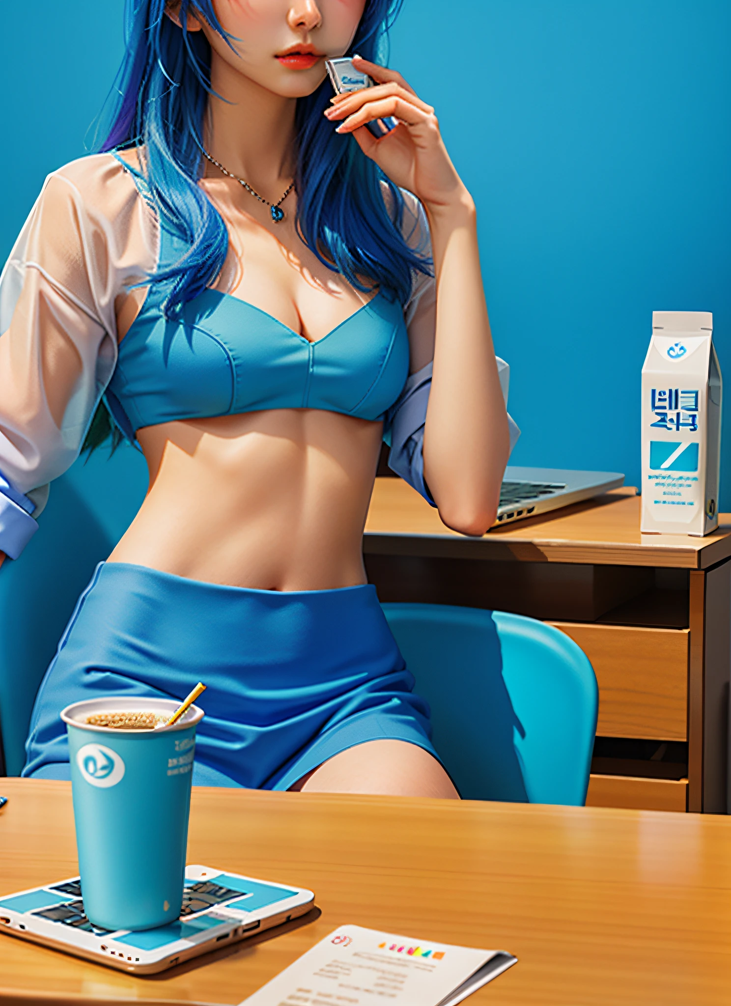 Woman dressed in blue dopamine, next to a laptop and two cans of high-calcium milk, by Jeonseok Lee, by Gao Cen, by Jang Seung-eop, inspired by Jeonseok Lee, by Fei Danxu, sitting at desk, everyday life, on a white table, advertising image, by Oskar Lüthy, on the table, product introduction photo