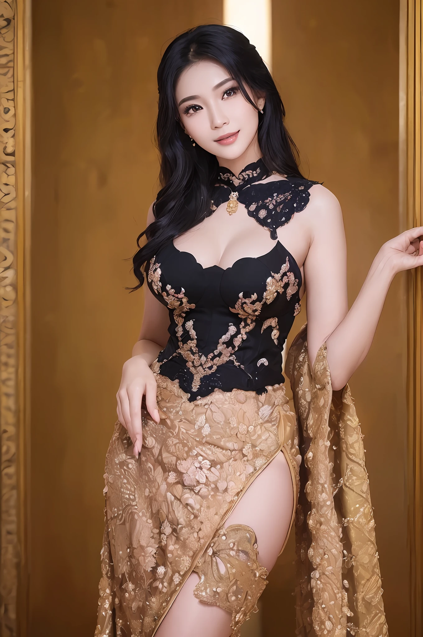 ((A women wearing kebaya: 3)). 40k, photography, masterpiece, best quality, paarty background, ((mature women)), big breast, perfect face, ((1girl gorgeous light black hair)). a beautiful indonesian woman with white skin, Ultra-detailed face, Detailed eyes, smile, long legs, daytime, cinematic lighting, --s2