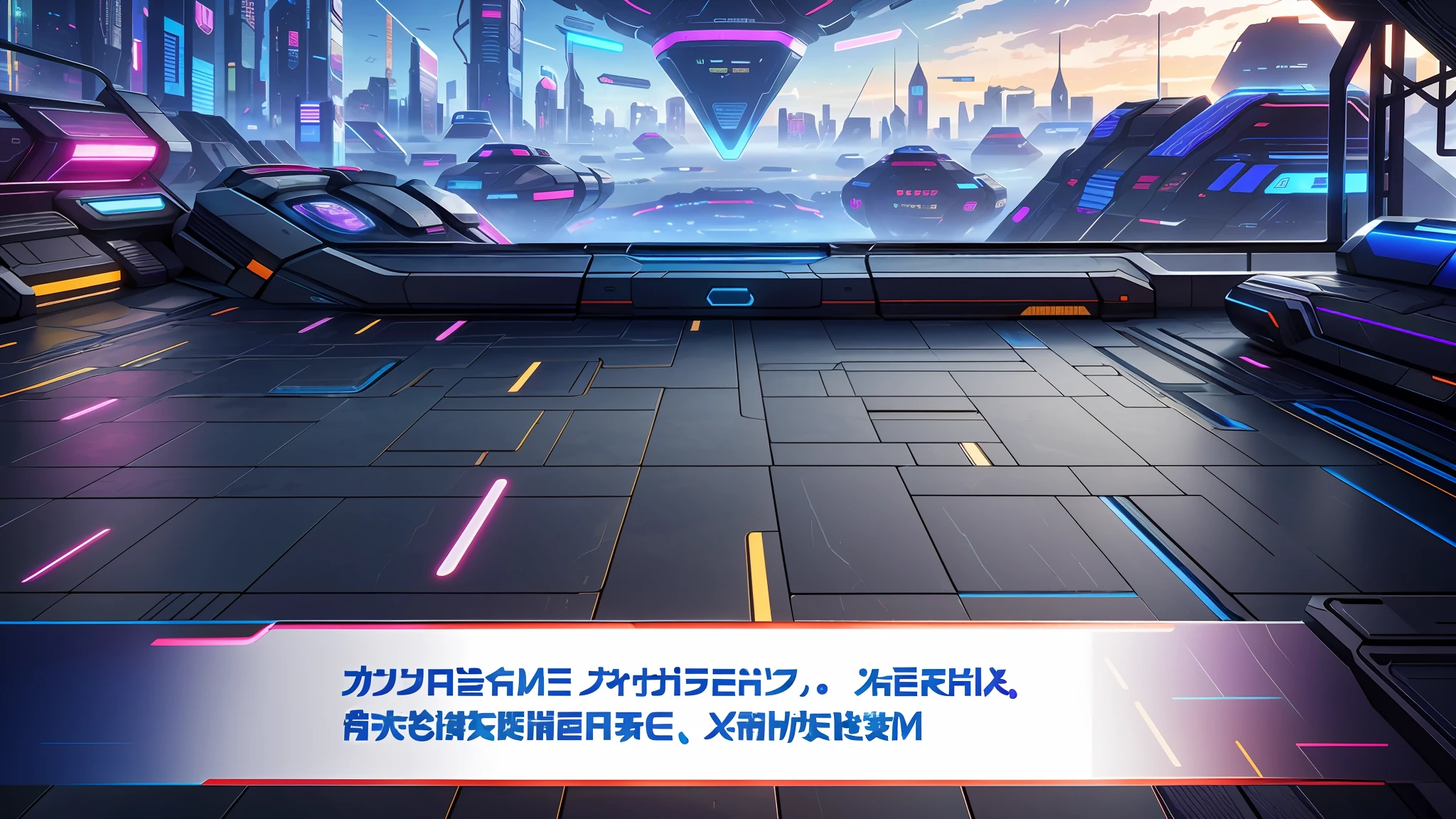 Cyberpunk, broken, there is a picture of the future city of technology, there is a horizontal and wide technology road background, gorgeous bright background, arena background, game background, exaggerated futuristic sci-fi background, cartoon style