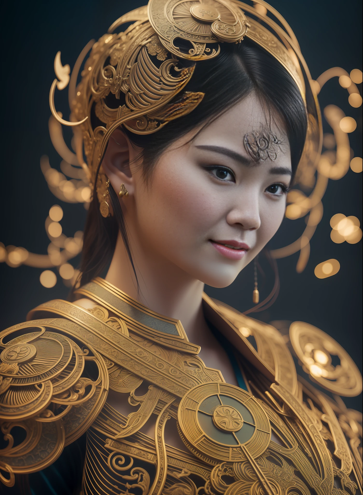 Character sheet, ultra-detailed complex 3d rendering with porcelain profile of Vietnamese character, maximalist beautiful studio soft light, rim lighting, vibrant details, lace, hyper-realistic, hand, facial muscles, electric wires, microchip, elegant, beautiful background, octane, H.R. style giger