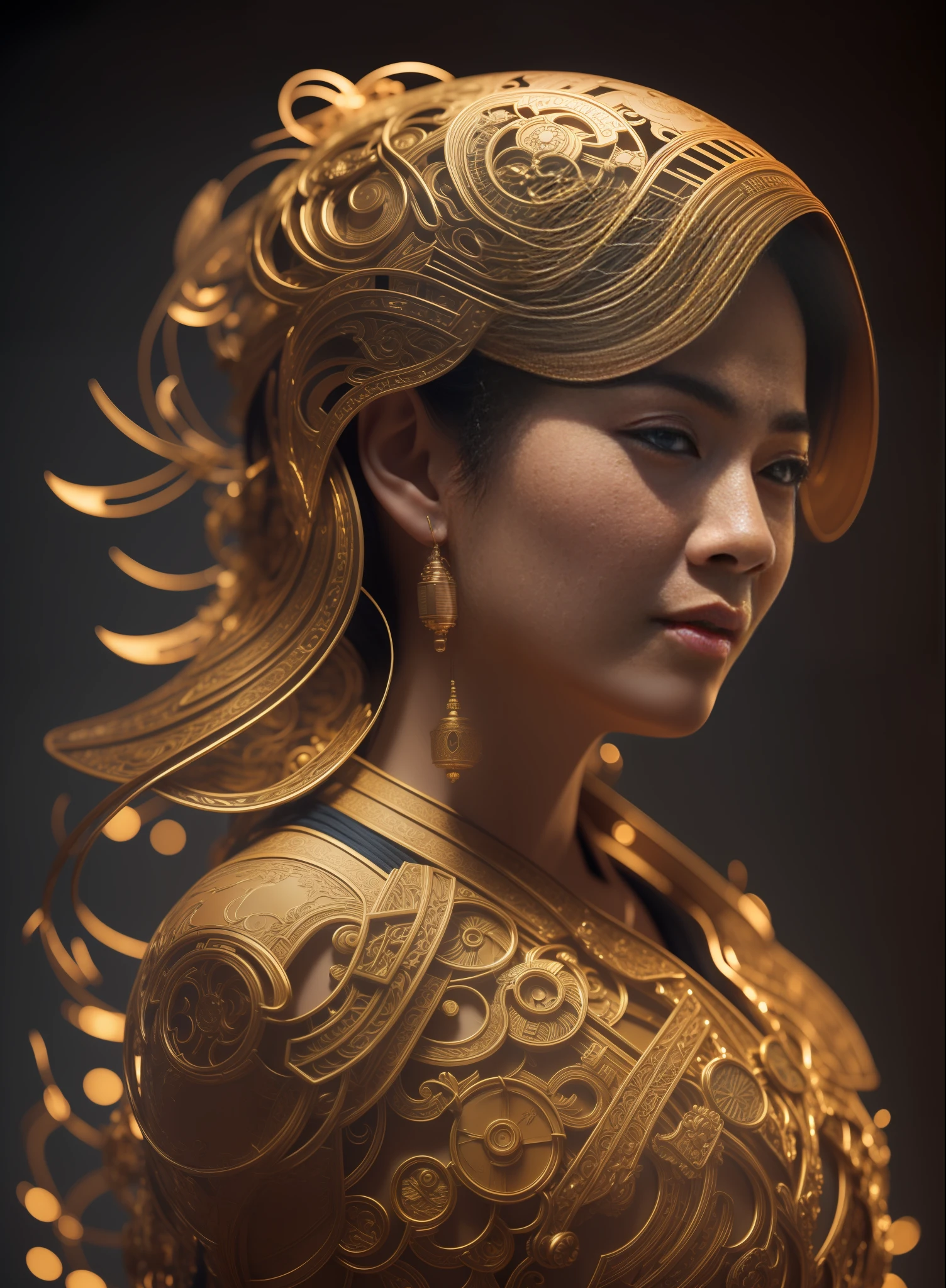 Character sheet, ultra-detailed complex 3d rendering with porcelain profile of Vietnamese character, maximalist beautiful studio soft light, rim lighting, vibrant details, lace, hyper-realistic, hand, facial muscles, electric wires, microchip, elegant, beautiful background, octane, H.R. style giger