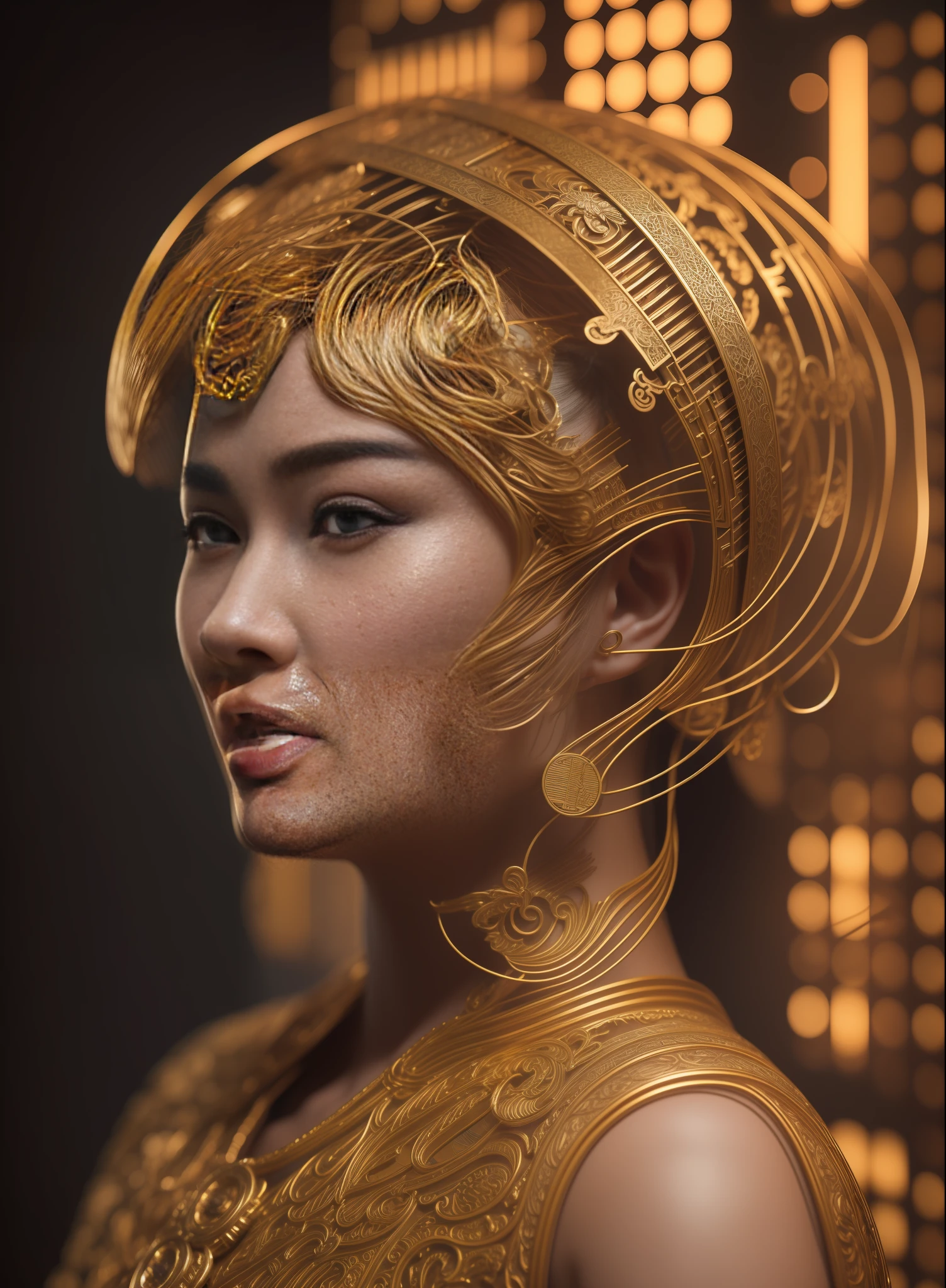 Character sheet, ultra-detailed complex 3d rendering with porcelain profile of Vietnamese character, maximalist beautiful studio soft light, rim lighting, vibrant details, lace, hyper-realistic, hand, facial muscles, electric wires, microchip, elegant, beautiful background, octane, H.R. style giger