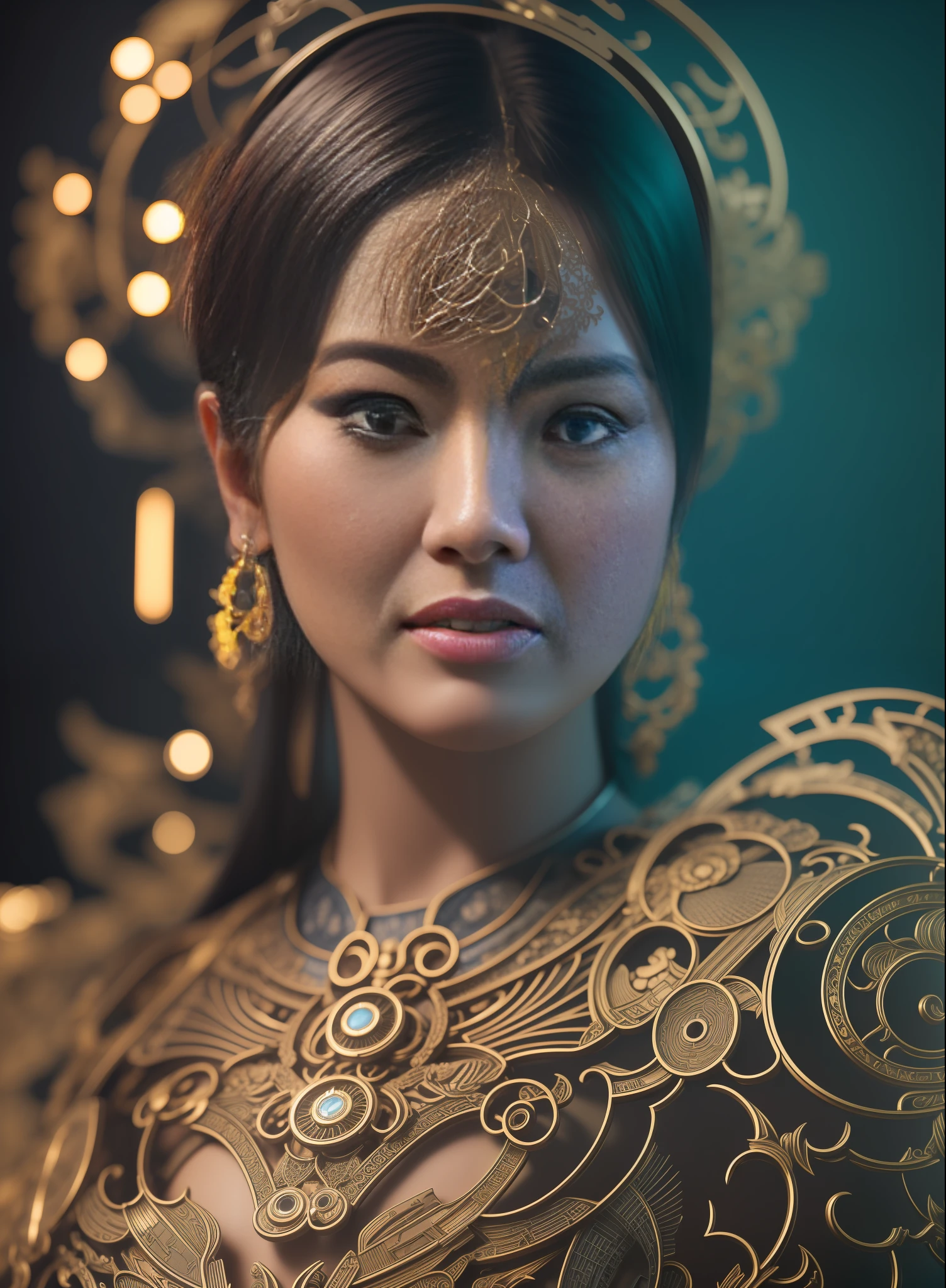 Character sheet, ultra-detailed complex 3d rendering with porcelain profile of Vietnamese character, maximalist beautiful studio soft light, rim lighting, vibrant details, lace, hyper-realistic, hand, facial muscles, electric wires, microchip, elegant, beautiful background, octane, H.R. style giger