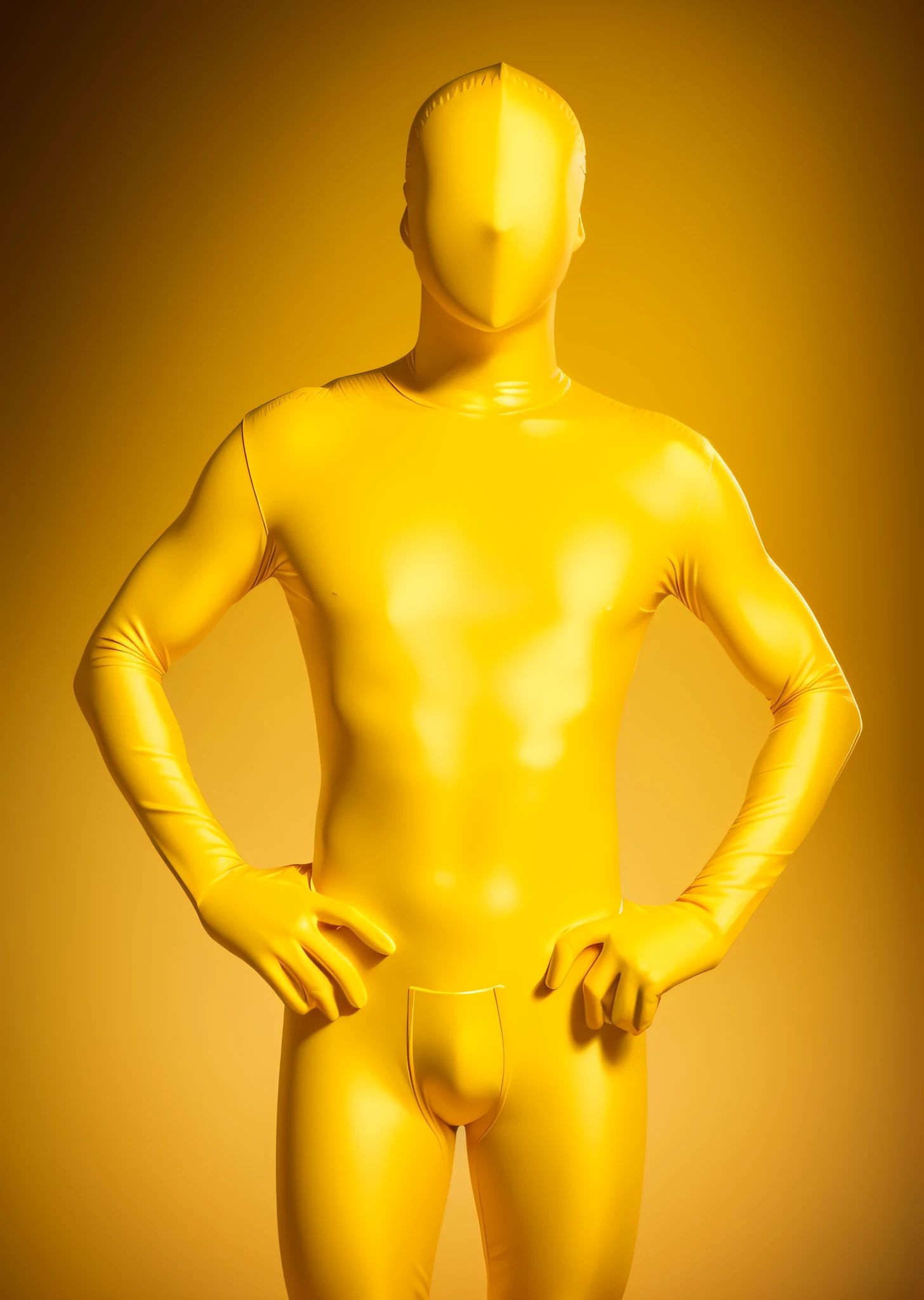 Alafed man in yellow bodysuit standing with hands on hips, zentai suit, smooth gold skin, shiny gold catsuit, gold body, yellow skin, graceful gold body, shiny yellow, yellow spacesuit, graceful yellow skin, yellow background, rubber suit,