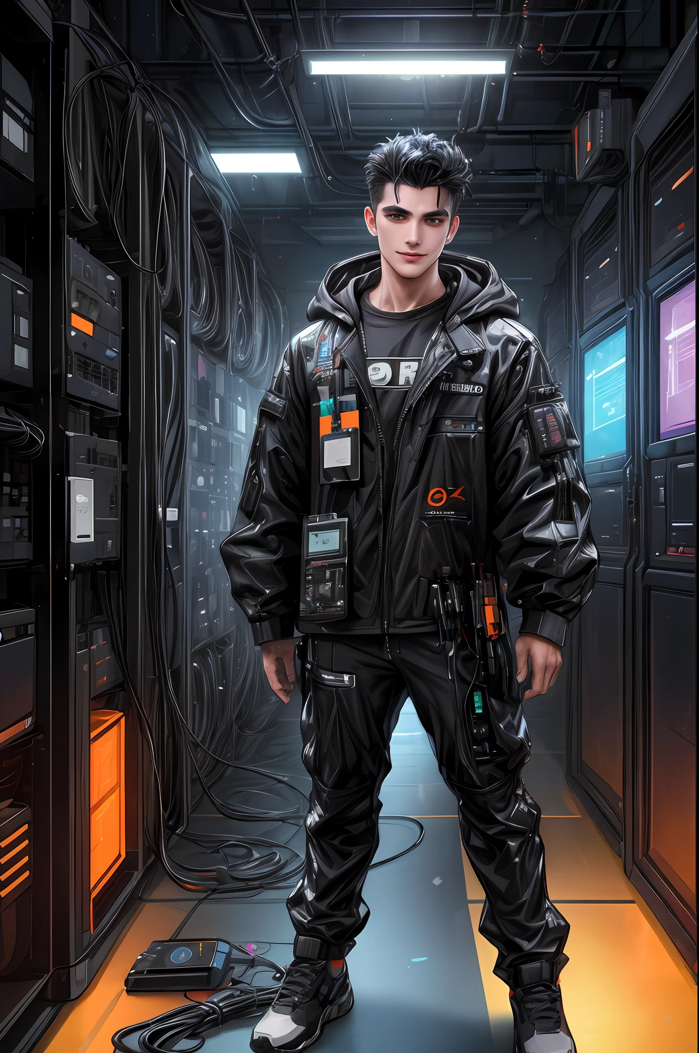 (absurd, intricate details, masterpiece, best quality, high resolution, 8k), 1 male, Brazilian, mature, beautiful, finely detailed eyes and face, quiff black hair, teary eyes, looking at viewer, solo, (full body: 0.6), detailed background, detailed face, (CircuitBoardAI, electronic theme:1.1) futuristic hacker of evil high-tech, smile, advanced technology, hood, techwear, keycard, cables, (holographic display:1.05),  Error message, computer, password, server room in the background, orange lights, cyber warfare, sinister dark atmosphere, depth of field, visual effects.