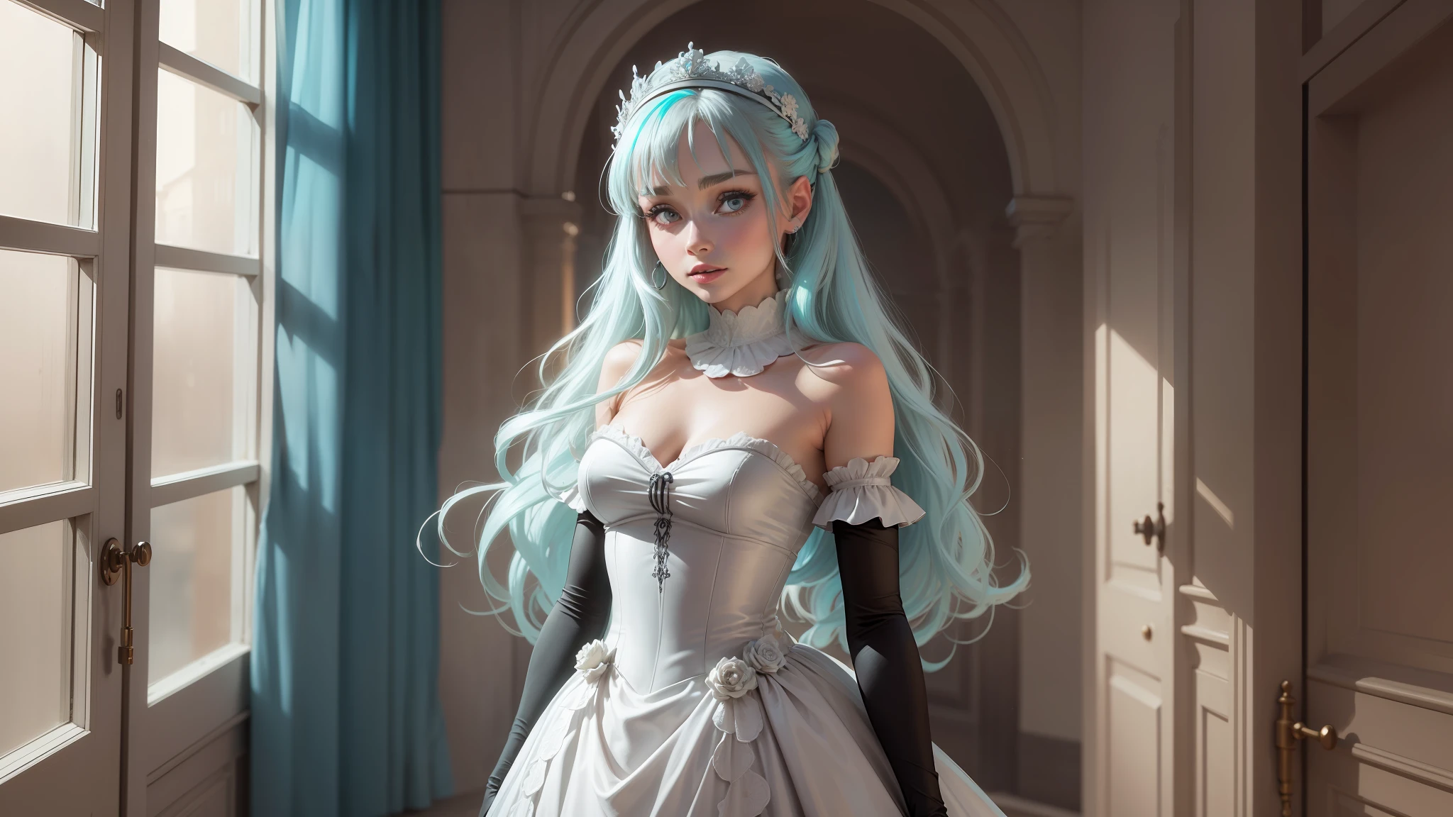 masterpiece,best quality,detail,1 girl, (actress Audrey Hepburn:1.2), (long bright blonde hair: 1.2), (highlighted hair, turquoise highlights), aqua eyes,  bright pupils, glowing skin, indoors, mansion, high contrast, small breasts, (silver evening dress: 1.3), emotionless, night, backlit, medium shot
  Negative promt: (worst quality, low quality: 1.4), monochrome, zombie, watermark, blurry, blurry background, extra fingers, extra numbers, missing fingers, missing numbers, intertwined fingers, extra toes, missing toes,  simple background, nsfw, full body (silver hair: 1.4), realistic, real life,
  Steps: 30, Sampler: DPM++ SDE Karras, CFG Scale: 7, Source Number: 3564242642, Size: 2048x3072, Model Hash: 1faafdd131, Model: reliberate_v10, Noise Reduction Strength: 0.3, Clip Skip: 2, Ultimate SD upscaler upscaler:  R-ESRGAN 4x+ Anime6B, Ultimate SD upscale tile_width: 768, Ultimate SD upscale tile_height: 768, Ultimate SD upscale mask_blur: 20, Ultimate SD upscale padding: 55, ControlNet 0: "preprocessor: tile_resample, model: control_v11f1e_sd15_tile [a371b31b], weight  : 1, start/end: ​​(0, 1), resize mode: Crop and Resize, ideal pixel size: True, control mode: Balanced, preprocessor options: (64, 1, 64)", Version: v1.3.2 --auto --s2