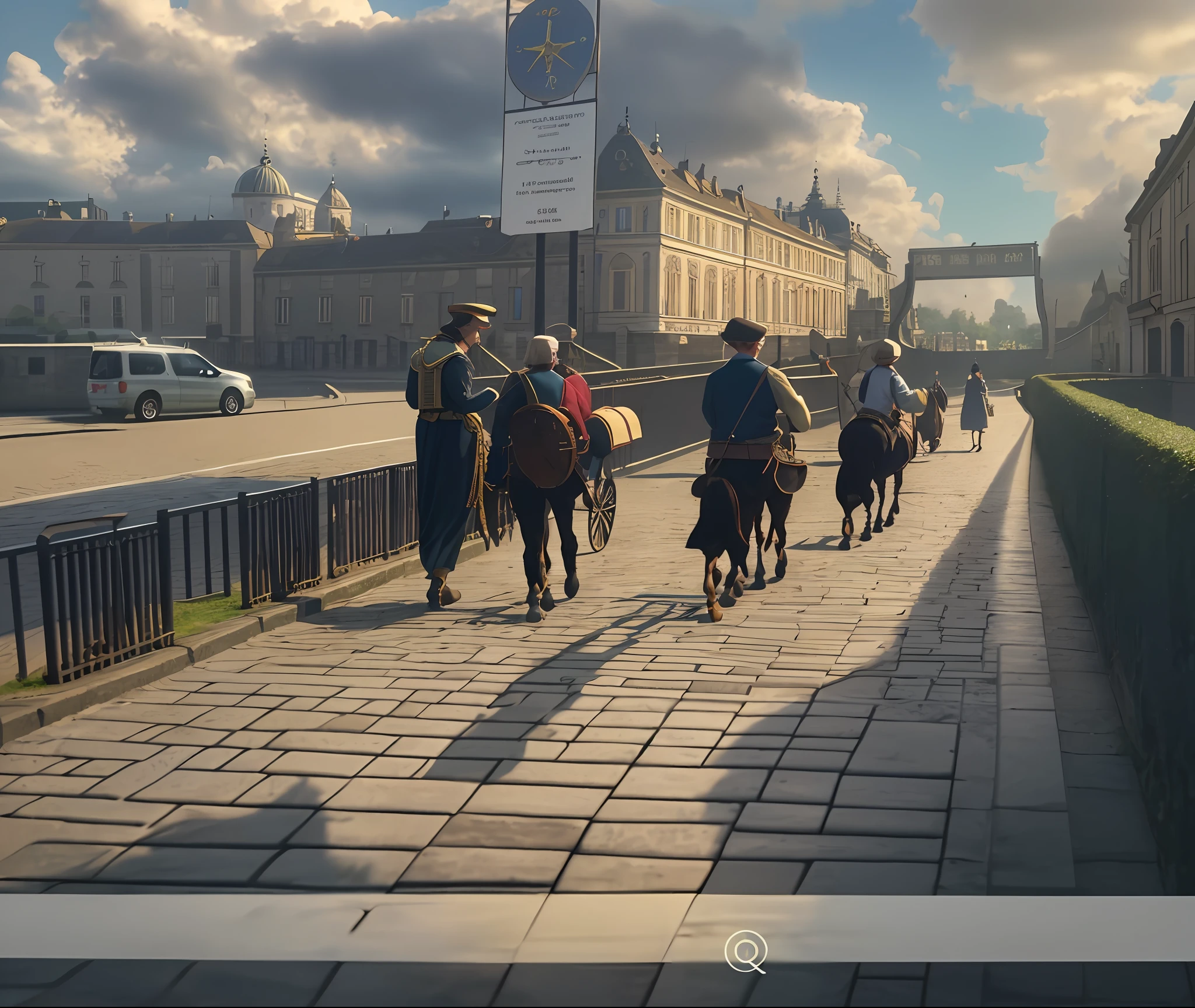 Masterpiece, best quality, (8k very detailed CG unit wallpaper) (best quality), (best illustration), (best shadows), Ultra realistic, high definition, very detailed, Street view in an Middle Aged European city, cloudy summer day, carriage with horse on the left road