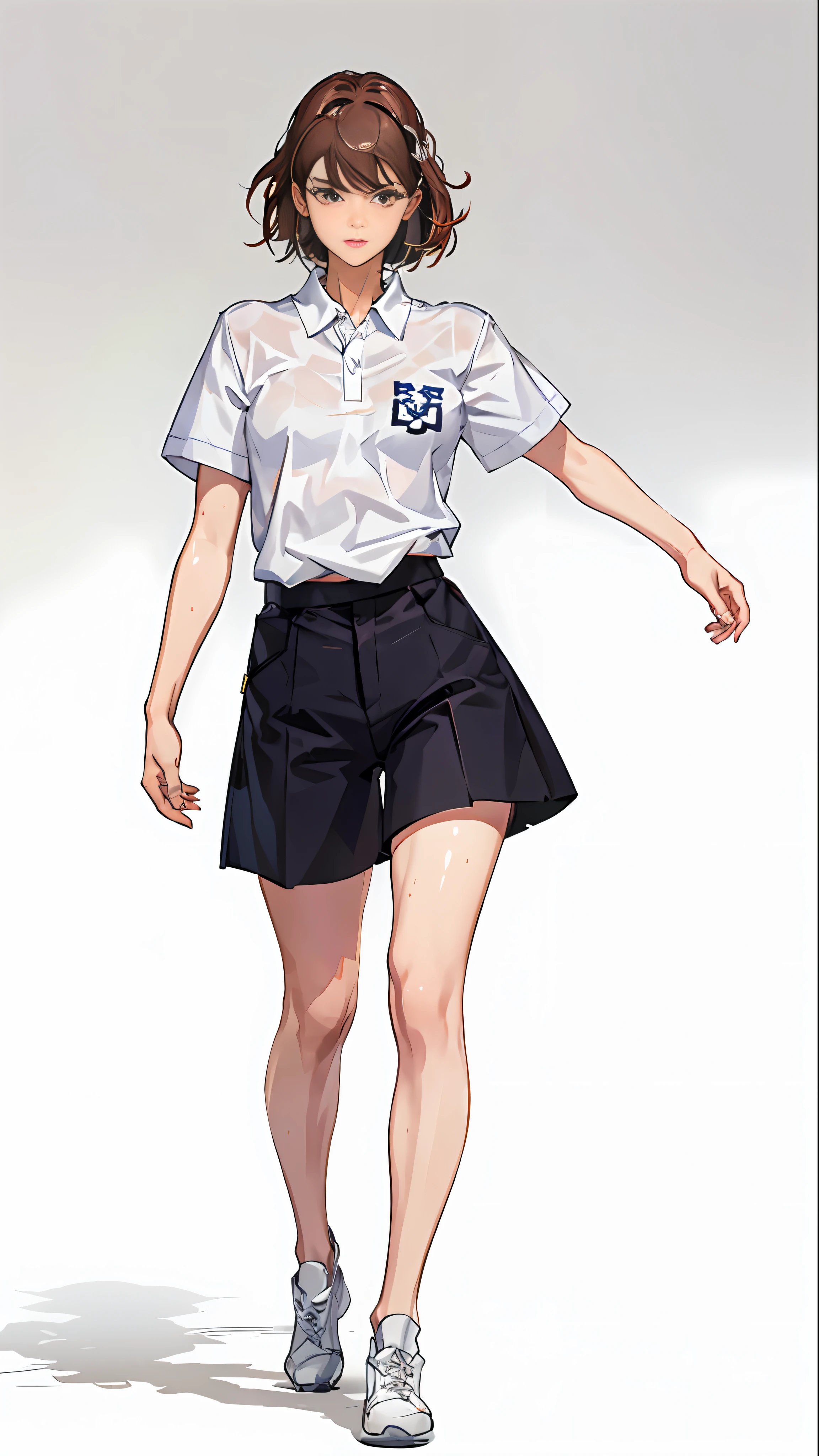 Japanese manga master work, 1girl, solo, white polo shirt, white sneakers, yoga clothes, , masterpiece, best quality, realistic, ultra-detailed, (shiny skin, sweating: 1.4), absurd, looking at the sky, brown eyes, slender, dynamic light and shadow, high resolution, sharp focus, depth of field, fine eyes, sharp pupils, pupils realistic, (small chest: 1.6), (thigh thickness: 1.0), outdoor, sky
