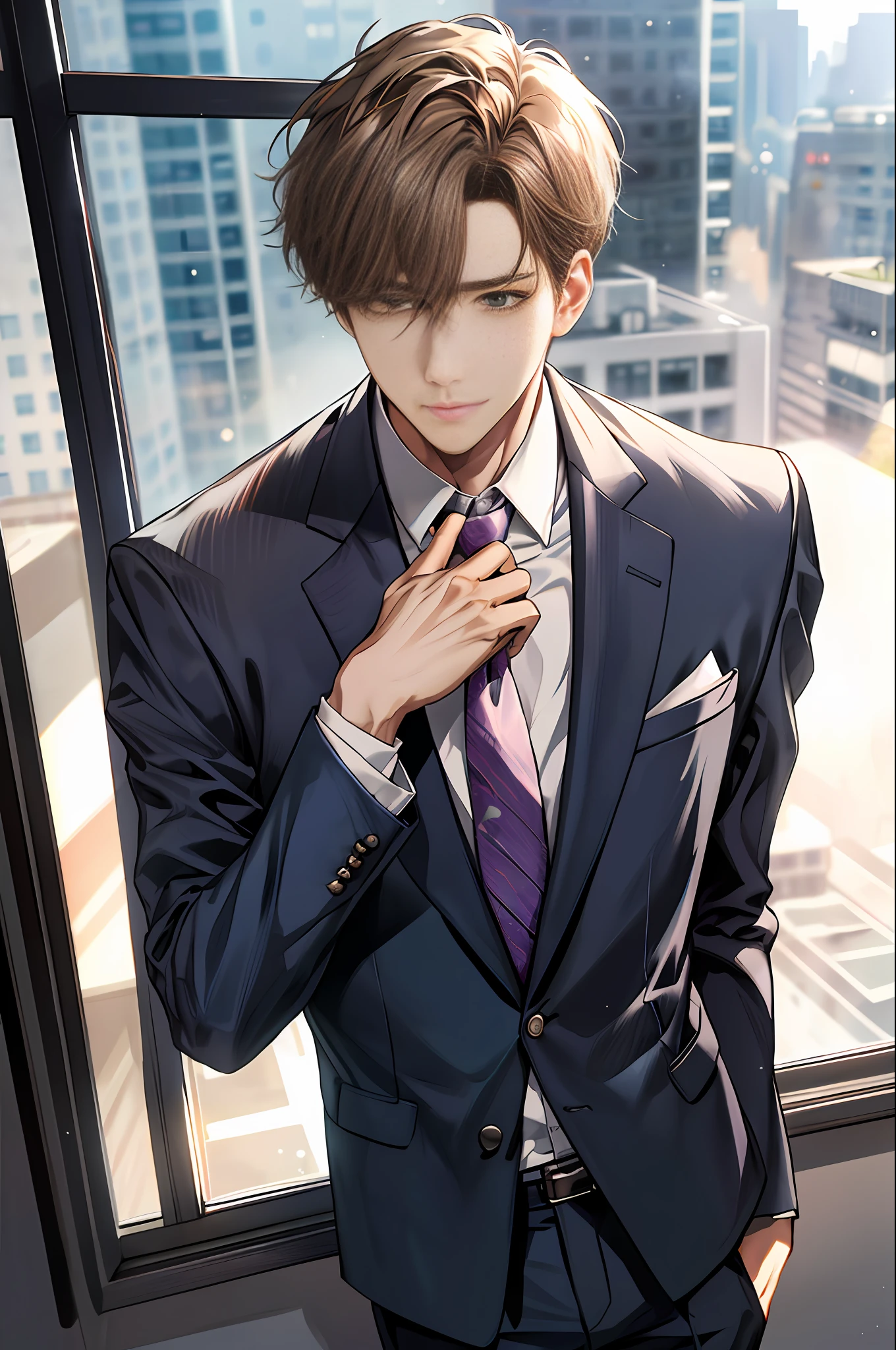 1boy, face focus, adult, business suit, jacket, white shirt, necktie, pants, best quality, hires, detailed face, office, buildings from window, detailed background, diffused sunlight, depth of field, bokeh