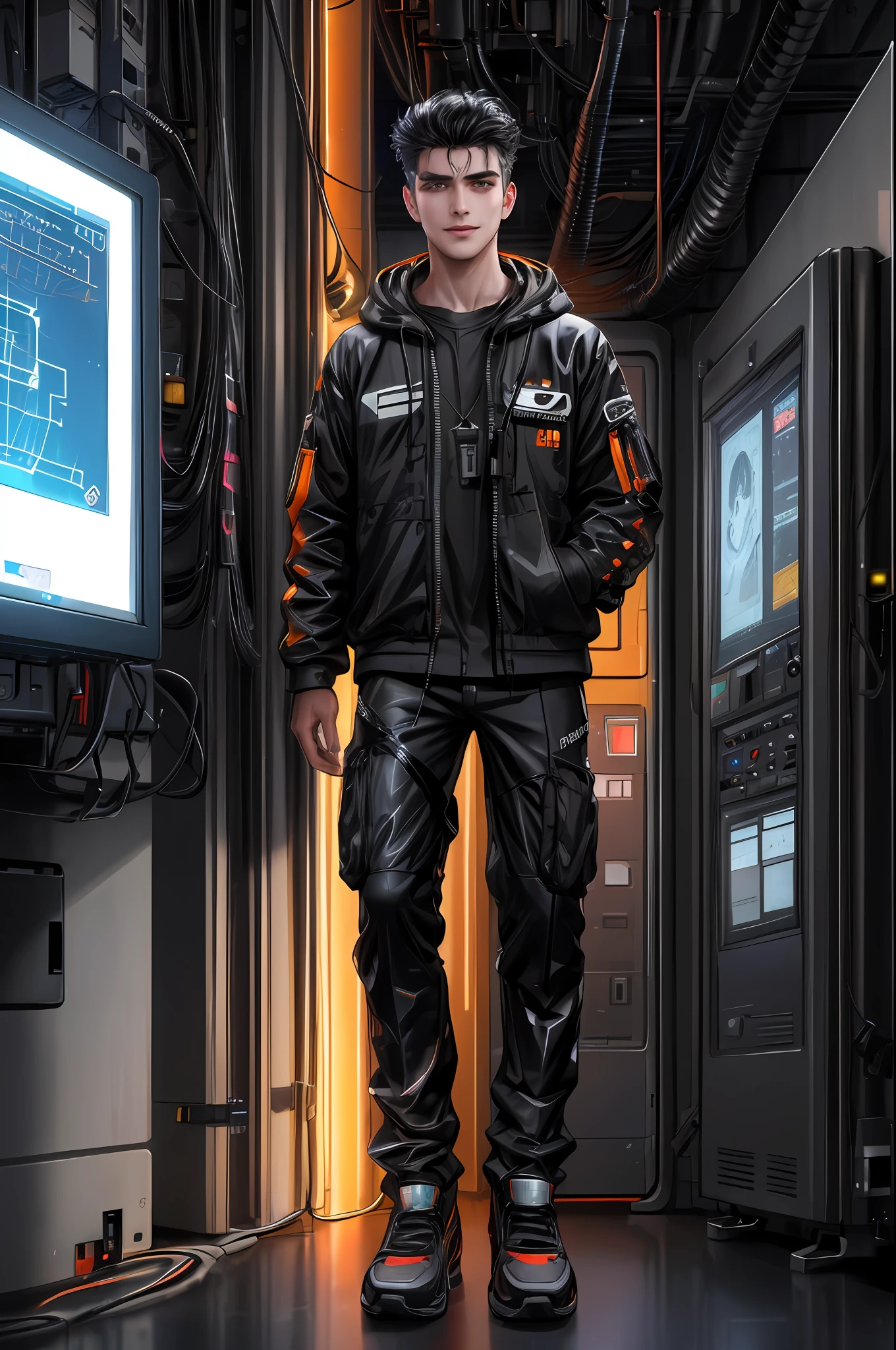 (absurd, intricate details, masterpiece, best quality, high resolution, 8k), 1 male, Brazilian, mature, beautiful, finely detailed eyes and face, quiff black hair, teary eyes, looking at viewer, solo, (full body: 0.6), detailed background, detailed face, (CircuitBoardAI, electronic theme:1.1) futuristic hacker of evil high-tech, smile, advanced technology, hood, techwear, keycard, cables, (holographic display:1.05), Error message, computer, password, server room in the background, orange lights, cyber warfare, sinister dark atmosphere, depth of field, visual effects.