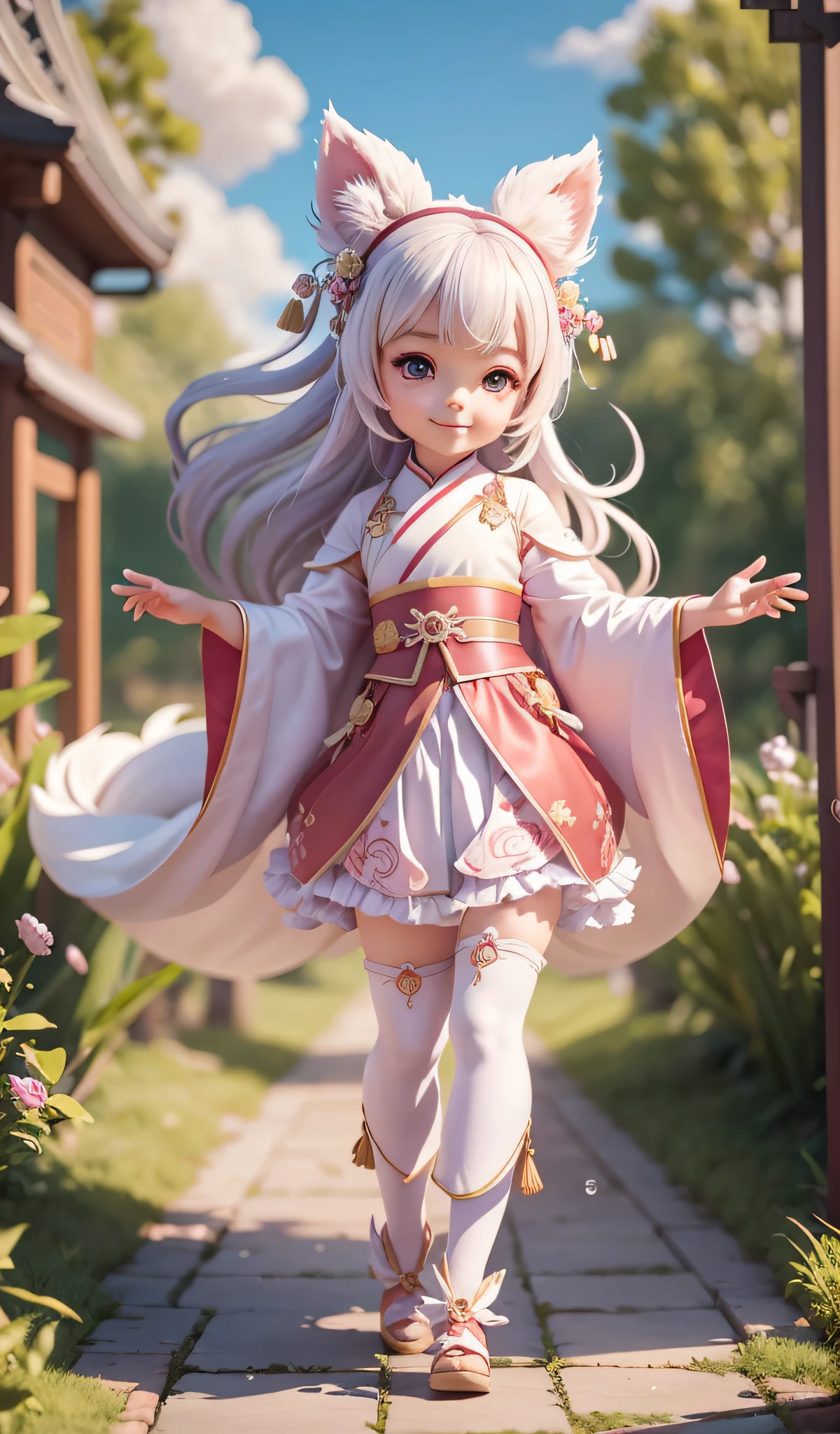 Super cute little girl, full body, wearing gorgeous Hanfu, little vixen, anthropomorphic, bubble mart style, wearing an elegant cape, sweet smile, white fur, bright big eyes and fluffy tail, clouds floating gently, extremely detailed 3D animation, super realistic, super detailed, luxury movie lights, octave light, Octaneendering, zbrush