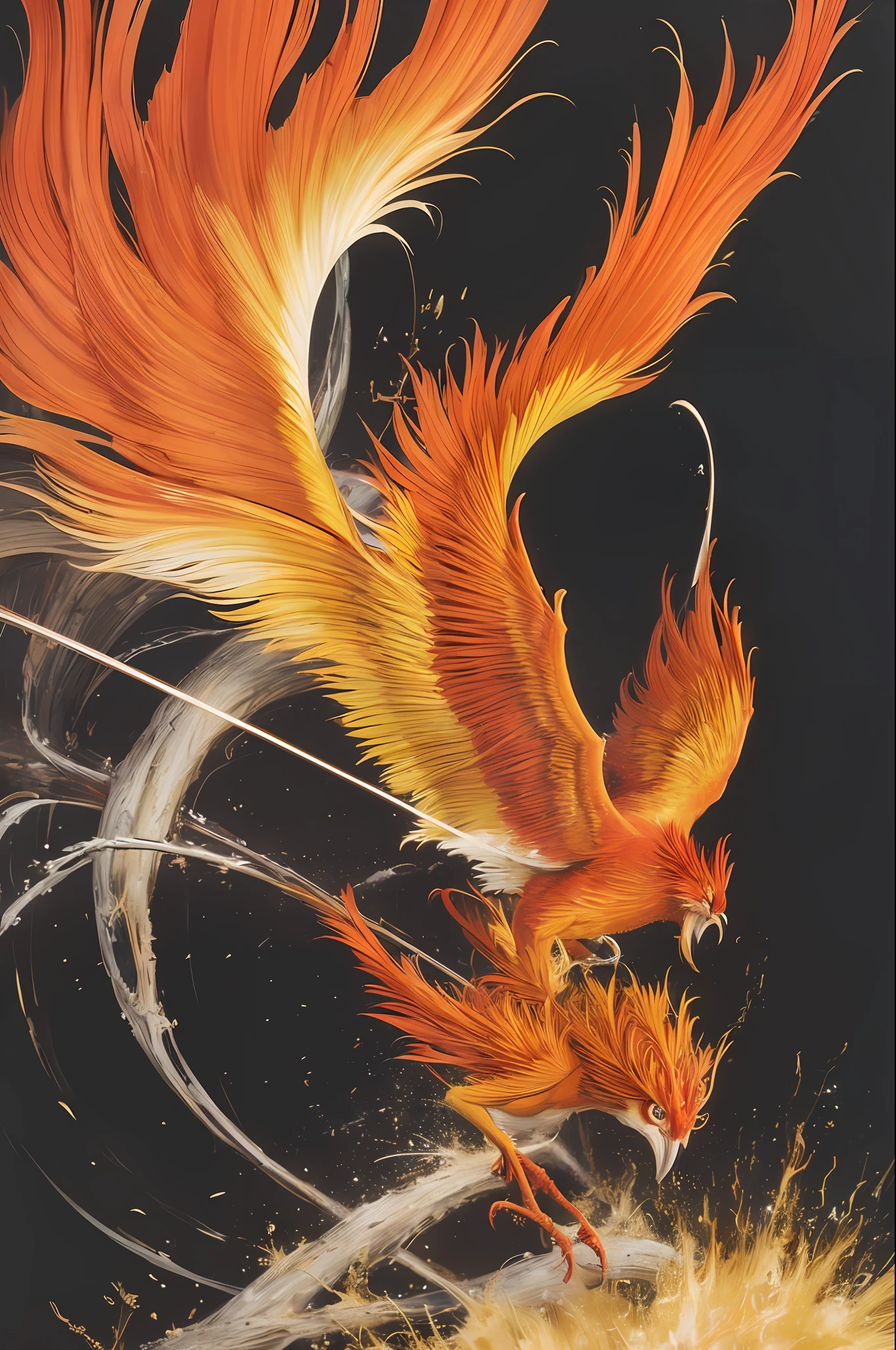 (((Amazing atmosphere))), Suzaku is a huge firebird whose feathers are made up of red and golden light, usually with a long tail and a sharp beak. Its eyes sparkle with wisdom, and its wings can cause fierce winds and flames that make people unapproachable.