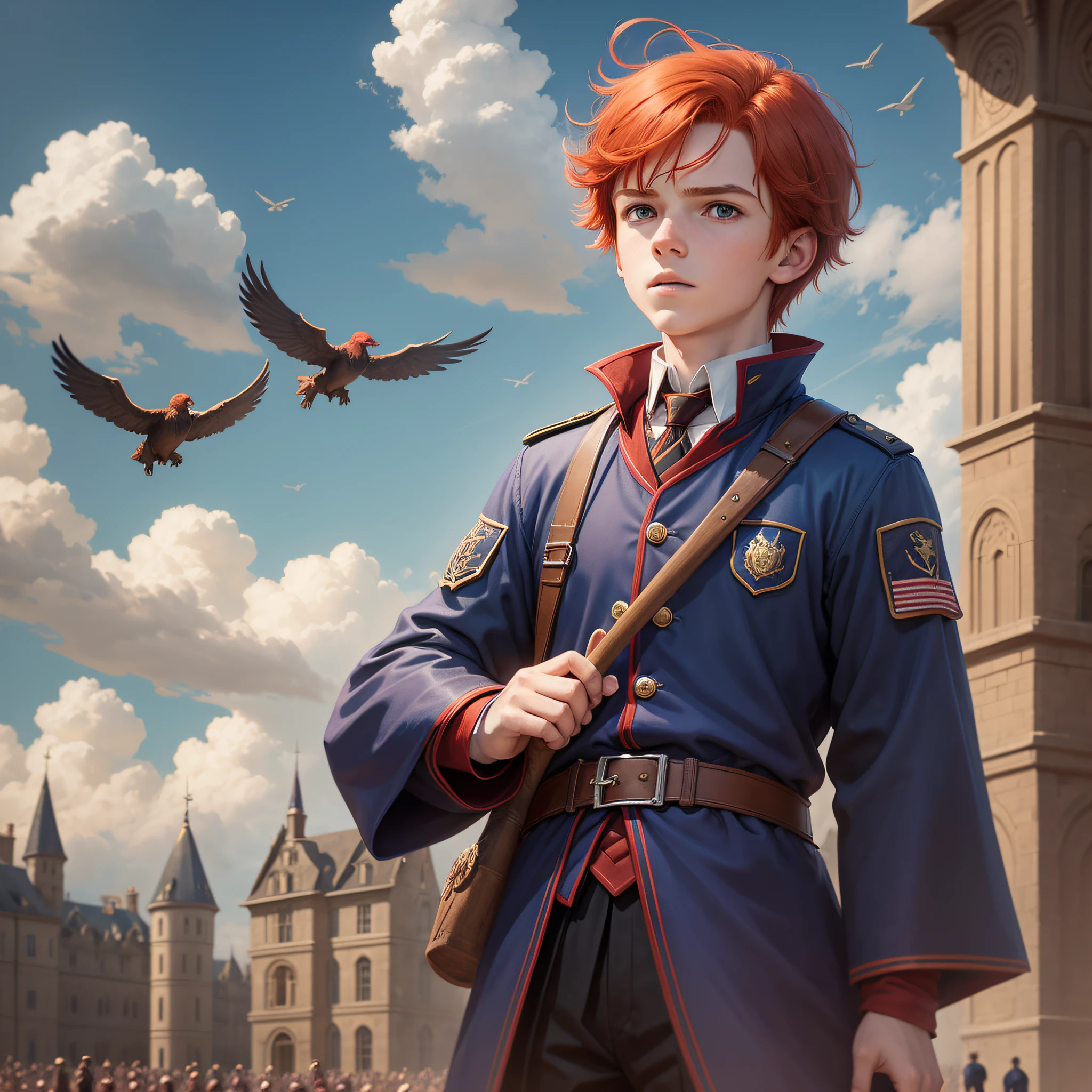 12-year-old red-haired boy in uniform. Ravenclaw Men's Flying Over Broom In Quidditch Stadium