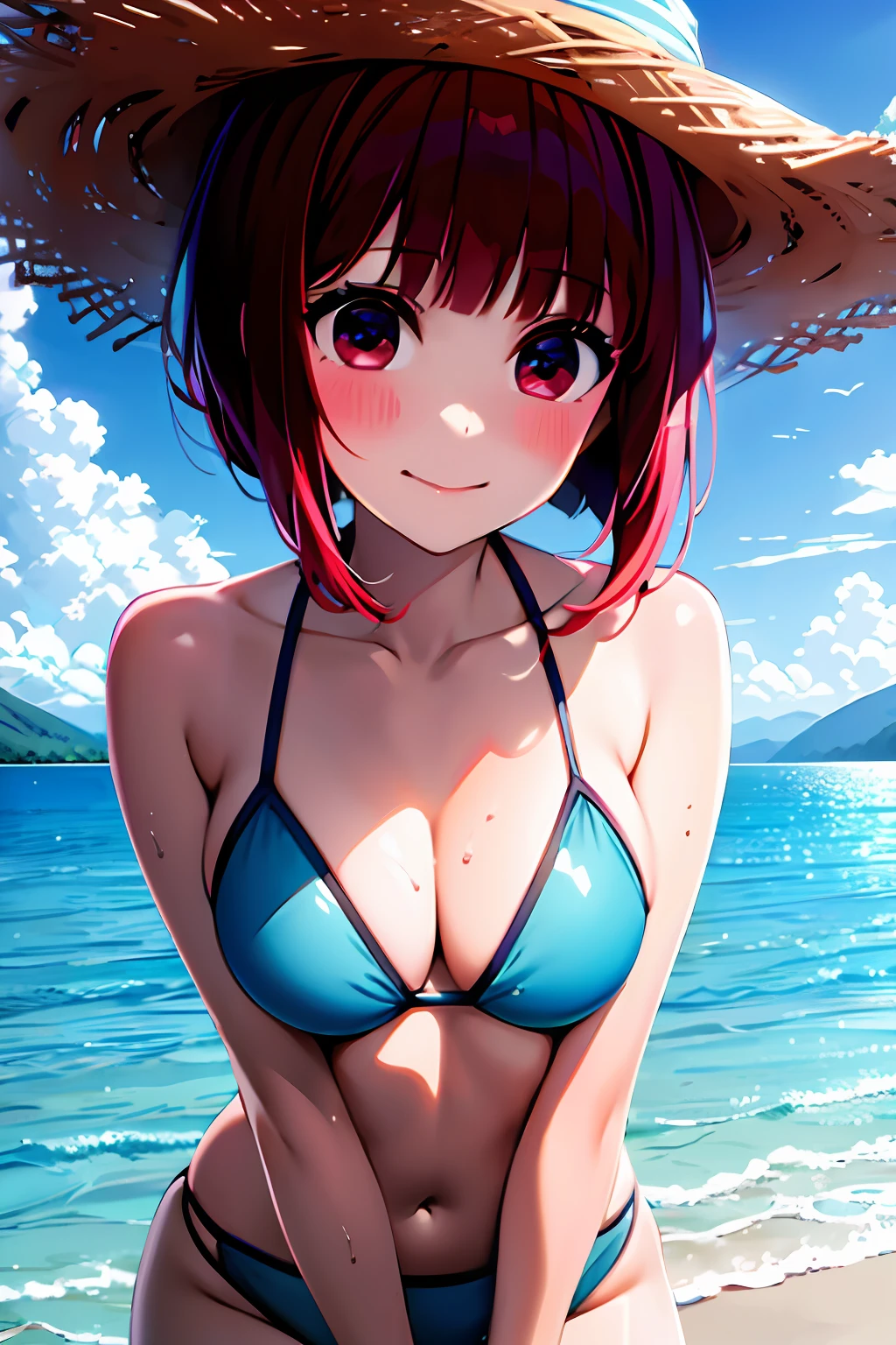 masterpiece, high quality, 8K, beautiful lighting, Canarima, Ali Makana, beach, swimsuit, refreshing, shy face,