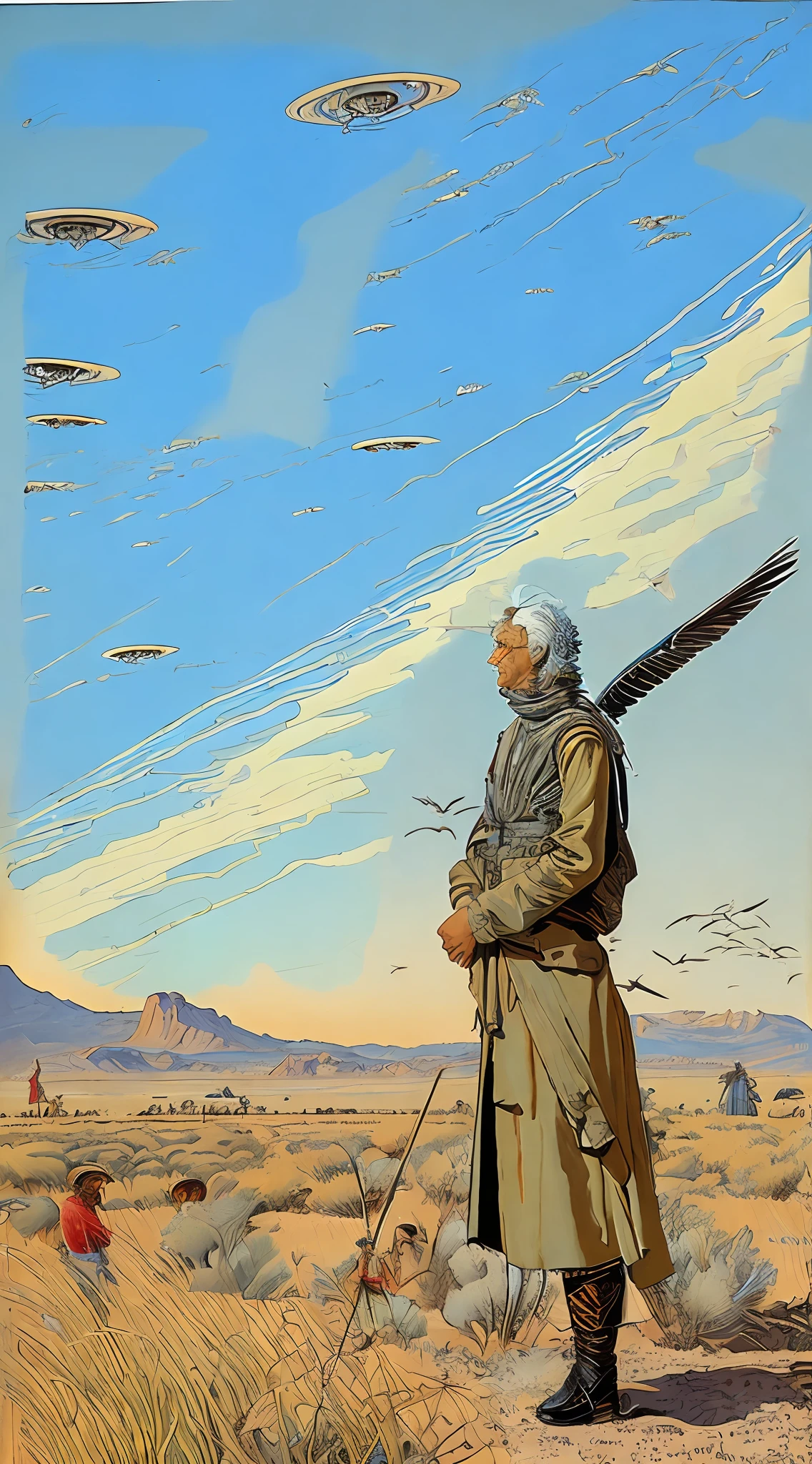 A painting by Moebius Jean Giraud, blue sky