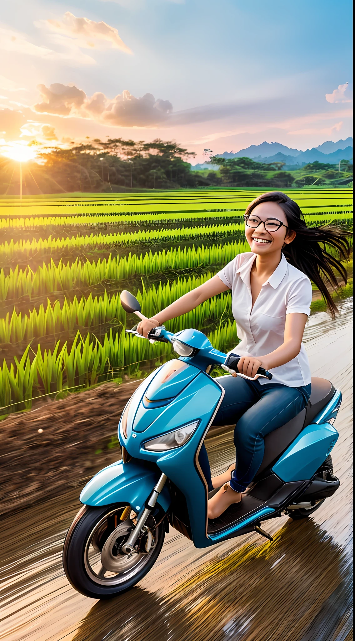 asian Girl speeding scooter matic, glasses, black hair, floating hair by wind, happy face, white teeth smile, in dirt road of rice paddy fields, tropical trees,  at sunset with bright blue sky, from front above