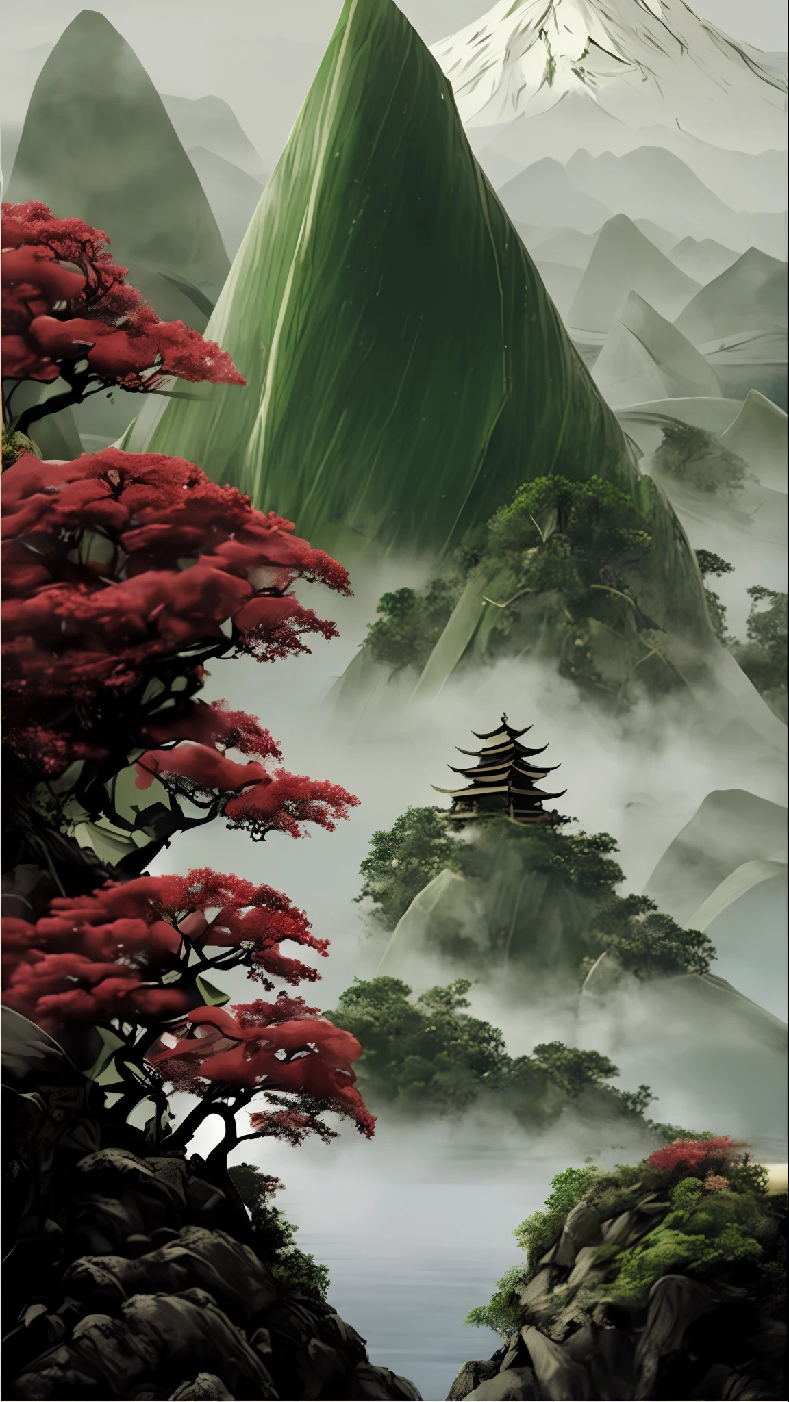 (Highly detailed), (16k:1.5), (Intricate Detail), zongzi, mountain, smoke, landscape, organic matte painting, bamboo, mobile wallpaper, mobile wallpaper, by Yu Zhiding, movie promotional pictures, jack and beanstalk, key art, beautiful 3D concept art, vertical wallpaper, poster illustration, 3d rendering and matte painting, epic matte painting of an island