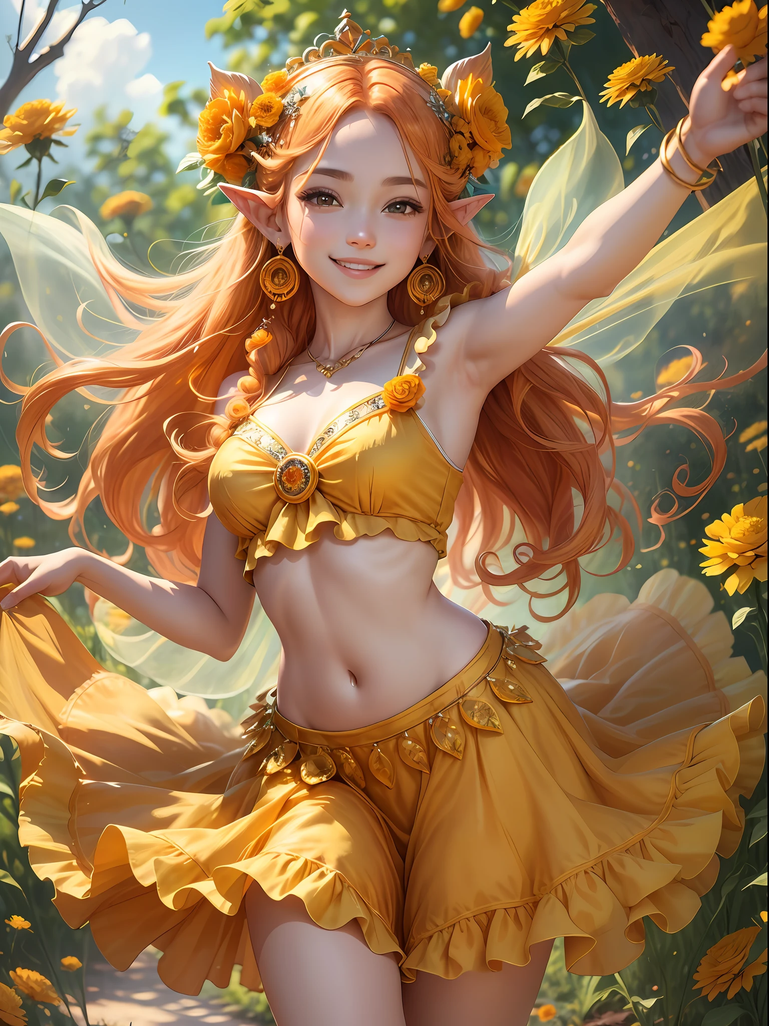 (8k, RAW photo, best quality, masterpiece:1.2), yjnn, 1girl, full body, shiny skin, beautiful delicate face, beautiful delicate eyes, (real, photo real: 1), fairy, wearing transparent shining feathers on the back, elven ears, marigold flower garden, orange hair, dreadlocks, yellow dress, ruffled miniskirt, marigold hair ornament, earrings, Golden tiara, cheerful smile, sun shining, blue sky spreading, dancing, full of love