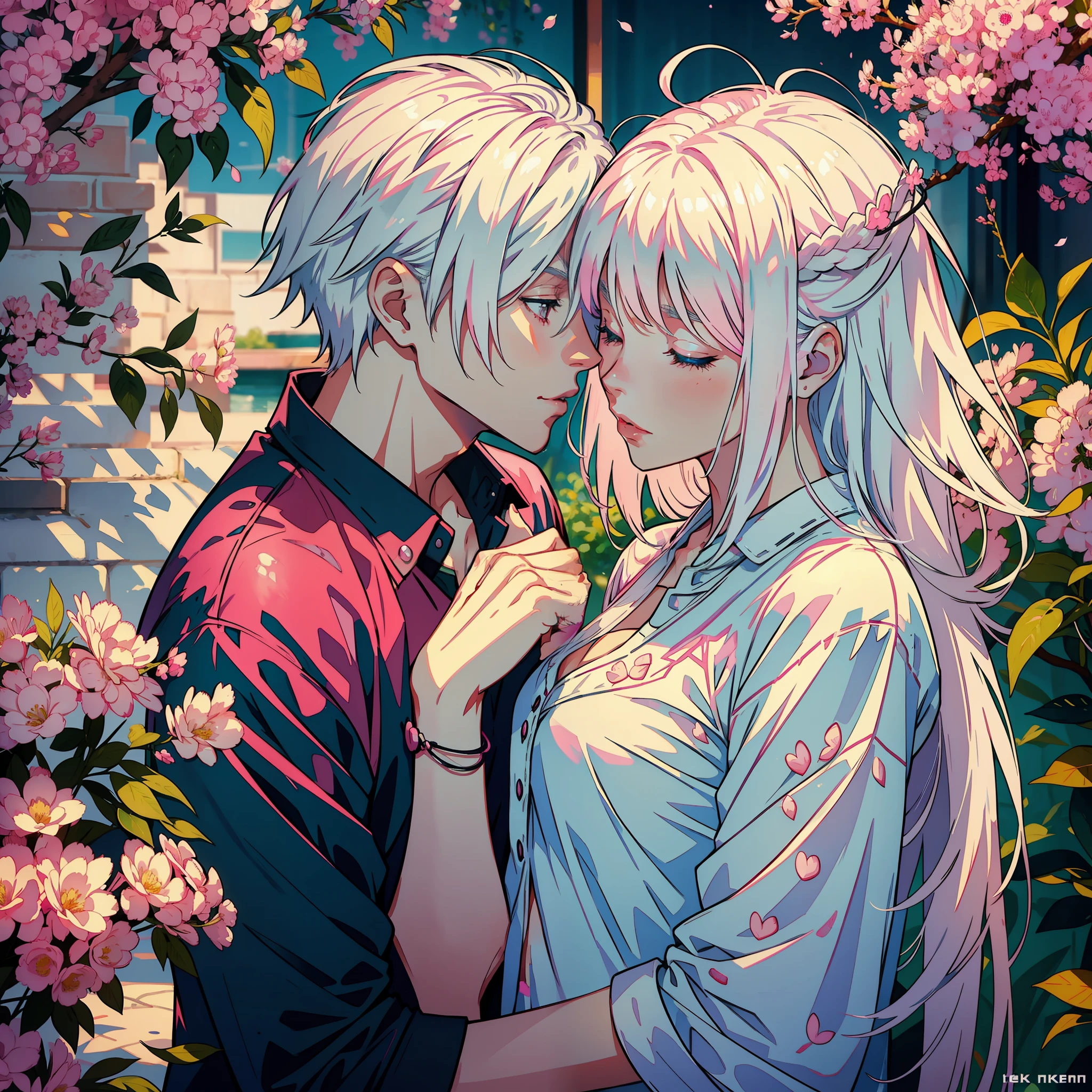 white-haired man, kissing pink-haired woman, love, affection, romance, whole body, two people, couple