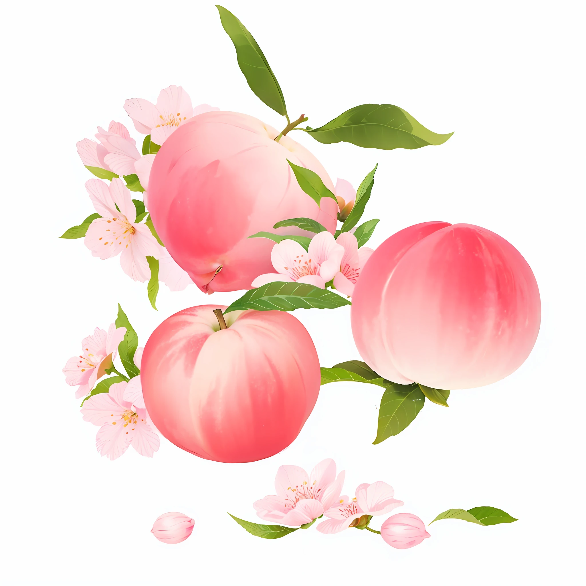 There are three peaches on one branch, flowers and leaves, peaches, made by illustrators, Kiyochika Kobayashi, Chizuko Yoshida, cherry blossoms, Nakahara Minamitenbo