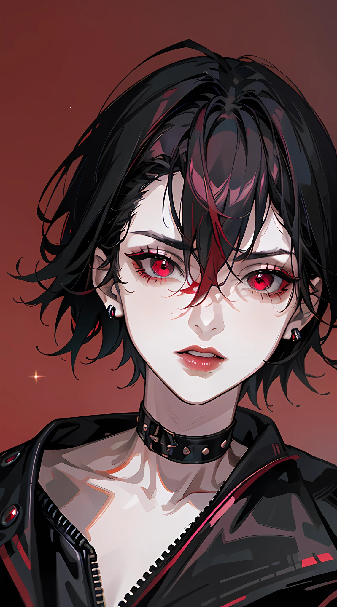 1boy, (close up face, masterpiece, best quality:1.2), 8k, official art, absurdres, gothic, studded black leather jacket and choker, pierced earrings, (smokey red eye shadow with glitter, glazed pinkish red lips:1.1), (very dark red background:1.4), HDR, facelight, ultra realistic, highres, photography, cleavage, film grain, chromatic aberration, sharp focus, HDR, facelight, dynamic lighting, cinematic lighting, professional shadow, dark shadow, highest detailed, extreme detailed, ultra detailed, finely detail, real skin, delicate facial features, detailed face and eyes, sharp pupils, realistic pupils, (black hair:1.4)