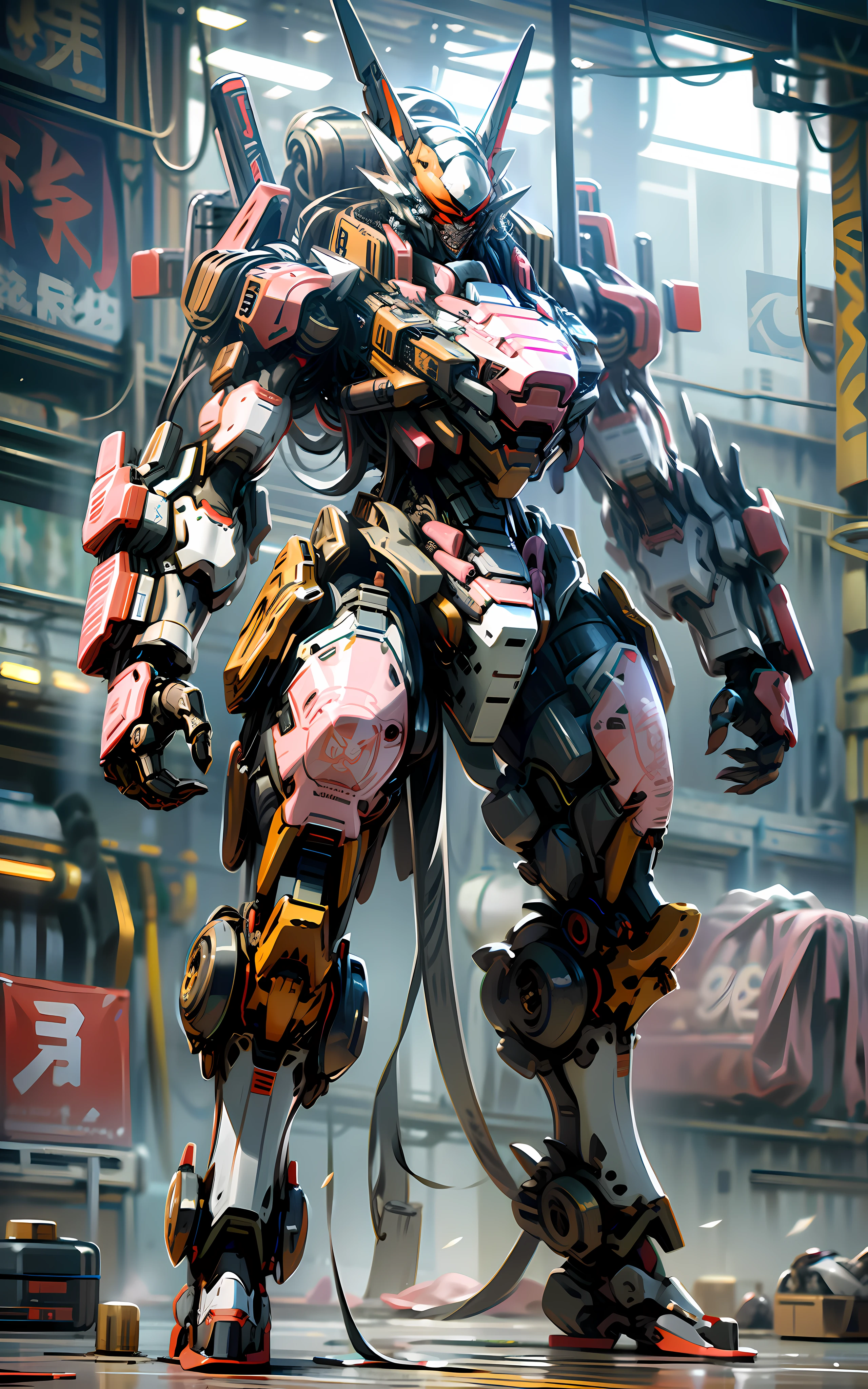 Mechanical pig head, anthropomorphic, mecha, tattoo, full body, ferocity, exquisite details