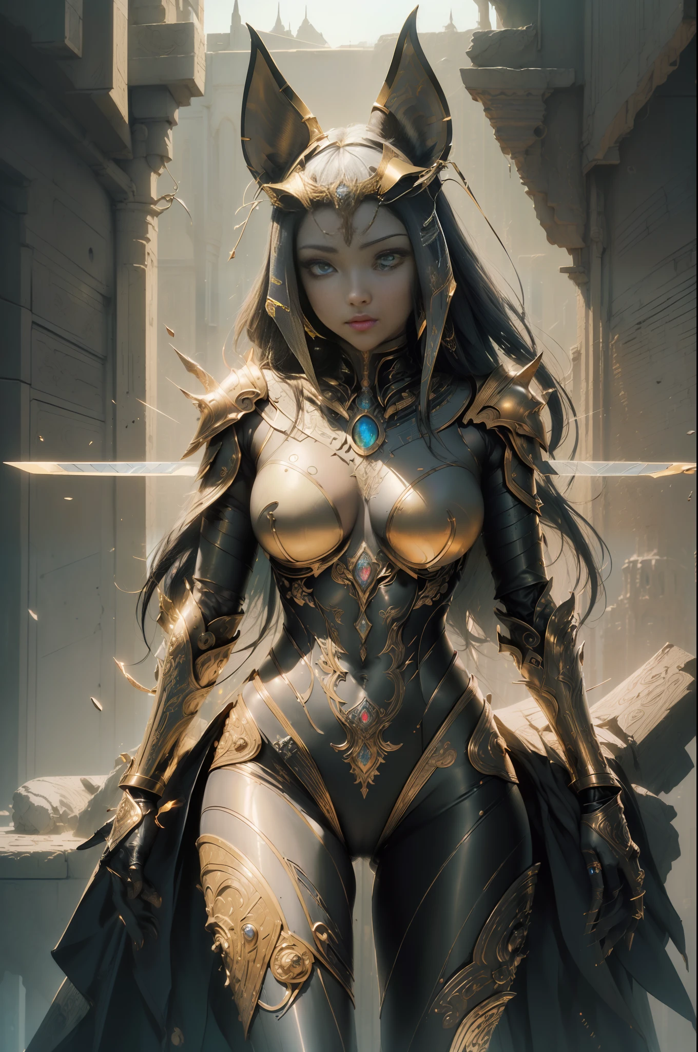 [Detailed illustrations, art based on extremely ideal anatomy, very detailed and detailed drawings, slow and delicate pen touches, realistic texture expression],((Accurate simulation of light-material interactions, understanding of air flow, mechanically correct expression))),(Design built at a high level,((Advanced structural understanding)),Ideal color coordination),(( Complex decoration (ultra-dense detail)),(Detail,High Definition)(Color tressed lines)),(Artwork with outstanding craftsmanship),(Fine and beautiful skin expression (transparency))),(Perfect and beautiful face,Realistic face detail),(Perfect eye (Realistic pupil details (Beautiful iris drawn in detail) (Sharp pupil))),((Perfectly proportioned proportions)),(Ruins background (Ancient Egypt),[HENTAI ANIME Girl Beauty Cyborg ] (large, seductive hanging eyes) Lustrous black hair Well tanned skin, (Bastet) Cyberne-golden armor with engraving decoration ((Decoration of transcendent craftsmanship)) (Elegant, gorgeous metallic luster (specular))),Oparts Lost Technology (Hierograph),Gravure, (Science Fiction Mechanical Bioengineering),[Ultra Precision Detail,High Quality,High Resolution,((Multilayer Texture))],((Visual Art with a Narrative Feel)).