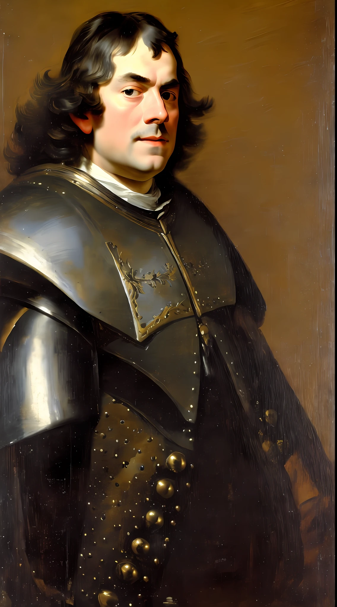 by Govert Flinck, portrait of 17th century English male aristocrat wearing black metal cuirass, posing, high resolution, masterpiece, detailed face, detailed body,HD,