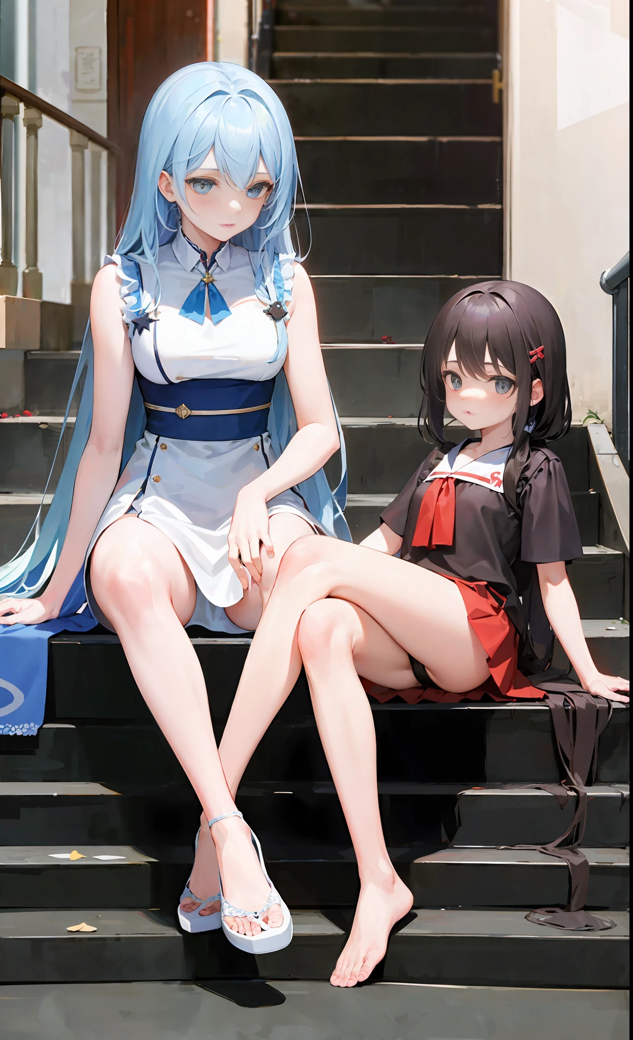 Чудо Женщина сочные ноги видно трусу sits on the stairs, she has beautiful legs, seksi holds a beast in her hands