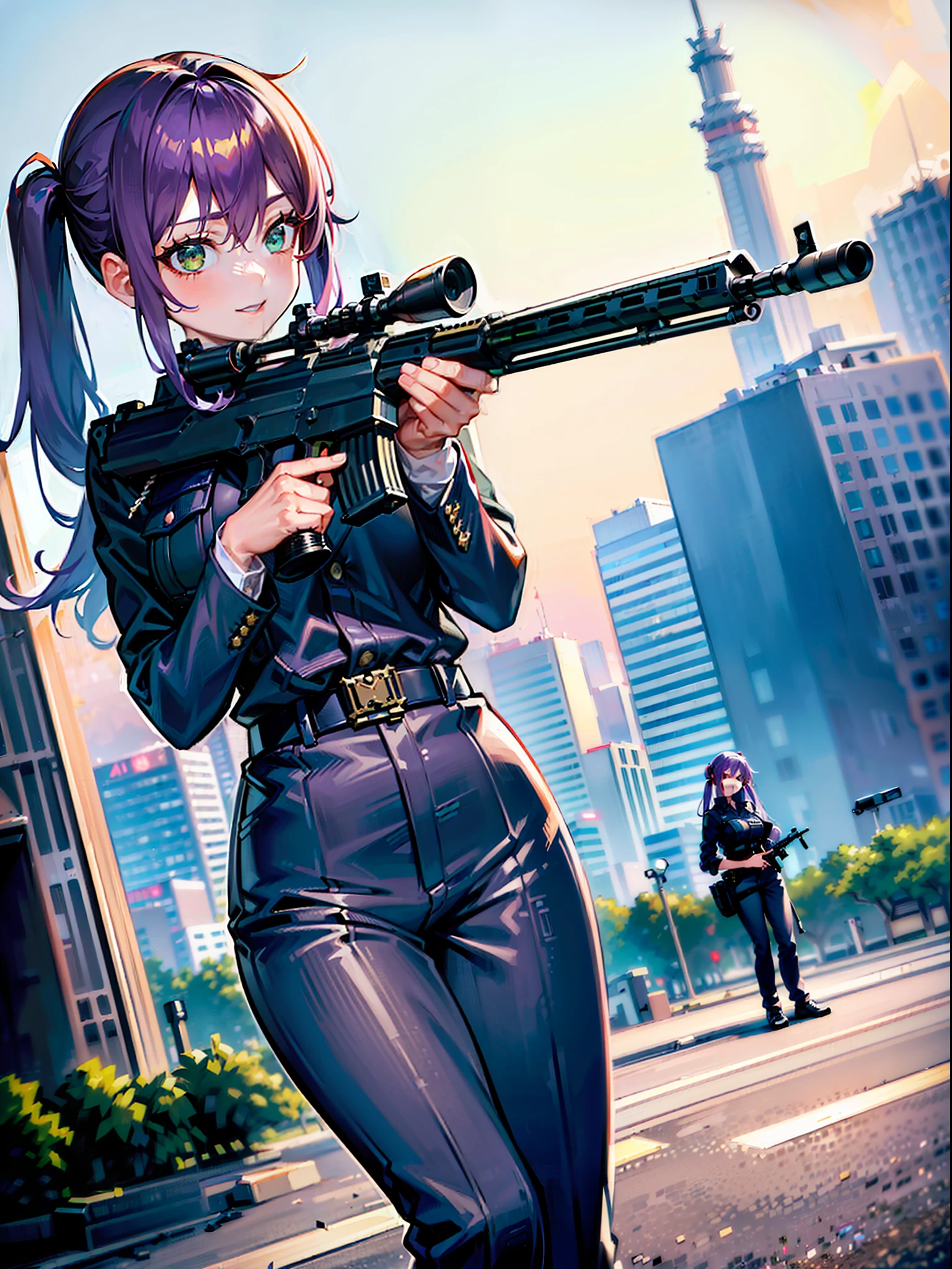 ((masterpiece)), ((best quality)), ((highres)), 1girl, solo, police officer, (matching pants, slacks), city backdrop, (aiming rifle, assault rifle, service rifle, detailed rifle, m16a2, trigger discipline), standing, medium hair, (purple hair, twintails), (green eyes),