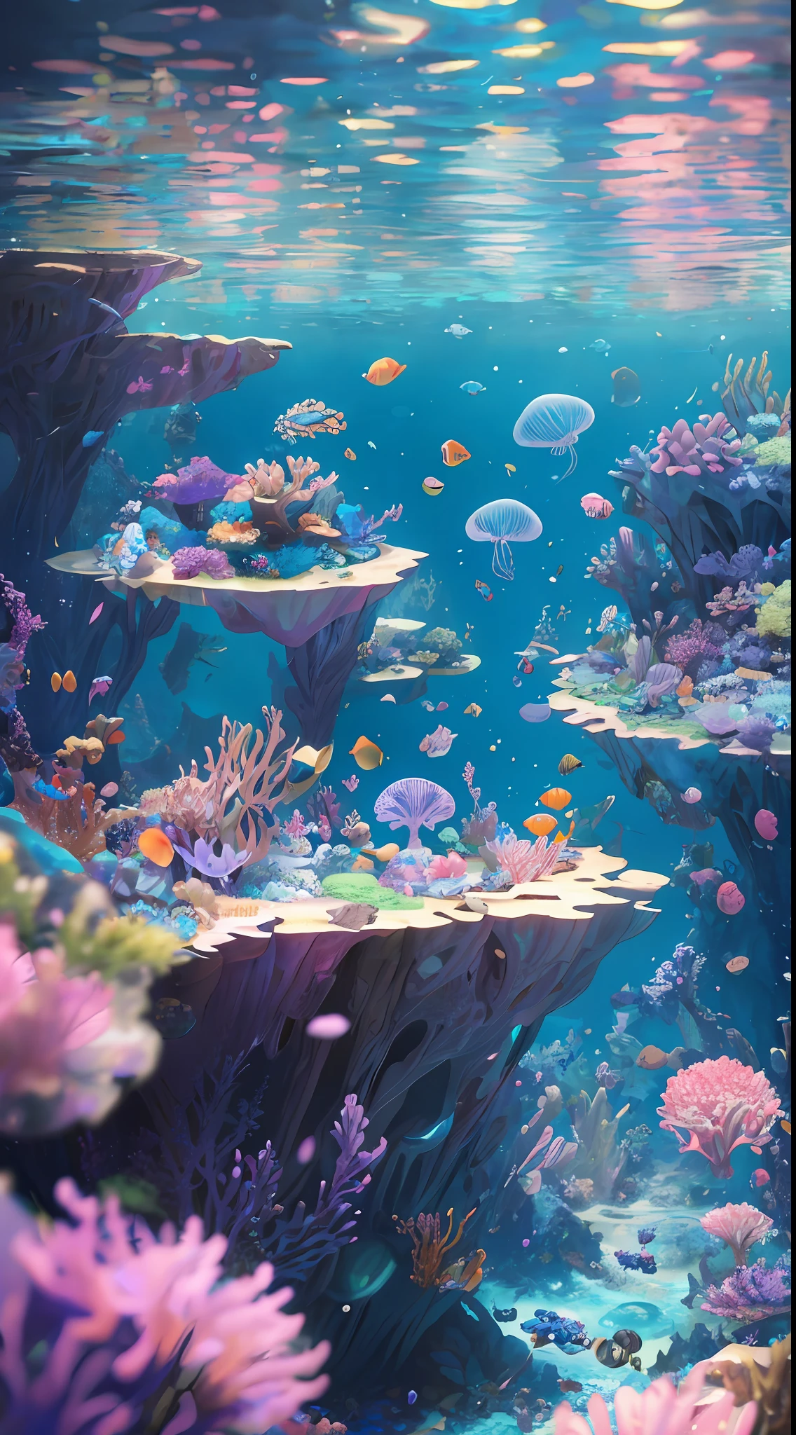 ((perspective)) microscopic world, vista, underwater fantasy,((masterpiece)), best quality, high quality, ((extremely detailed CG unity 8k wallpaper)),(fantasy), complex background, underwater fantasy world, fish school, Glowing jellyfish, colorful, (abyss)), staggered stone platforms in the abyss, glowing undersea plants, 3D digital painting, award winning photography, bokeh, depth of field, HDR, chromatic aberration, photorealistic, extremely detailed, artstation Trends on CGsociety, Intricate, High Detail, dramatic, art by midjourney, --v 6