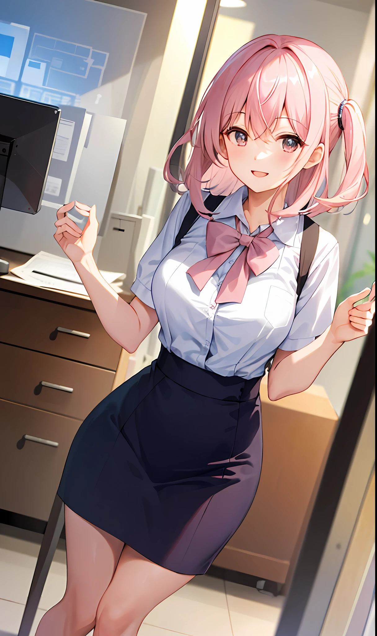 ((masterpiece, best)),(1girl),((mature woman)), light pink hair, dizzy, trumpet, ((office lady)), bangs, mid-chest, (full), slim, smiling, [wide hips] ,office,standing, aru \(blue archive\),