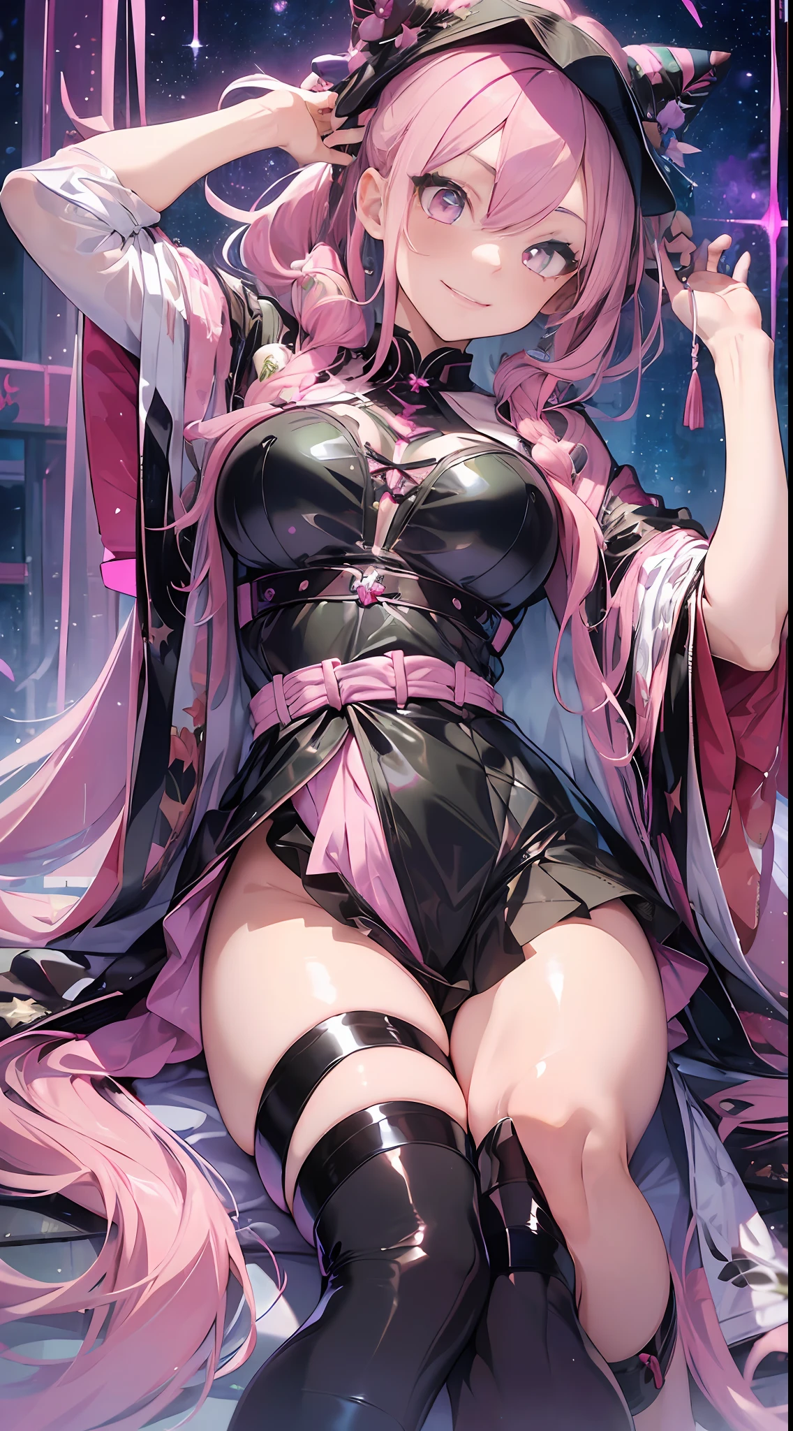 (((Masterpiece))) fullbody(1 girl) (pink hair, long hair, straight hair, both sides up) (green eyes), beautiful face, eyeshadow, eyeliner, glow eyes, hyper detail eyes, complex eyes, beautiful eyes, detailed eyes, ((star-shaped pupils, sparkling pink pupils)) 18 year old girl. (Wear a transparent kimono of ((PVC material)). seductive smile.sexypose