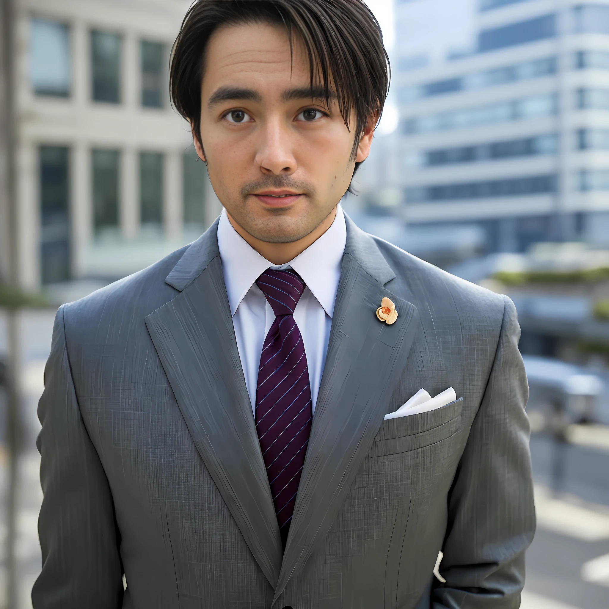 Handsome 40s beardless Japan man looking down, naked torso, chest to top portrait, low camera angle,1boy, face focus, adult, business suit, jacket, white shirt, tie, pants, best quality, adopted, detailed face, office, building from window, detailed background, diffuse sunlight, depth of field, bokeh