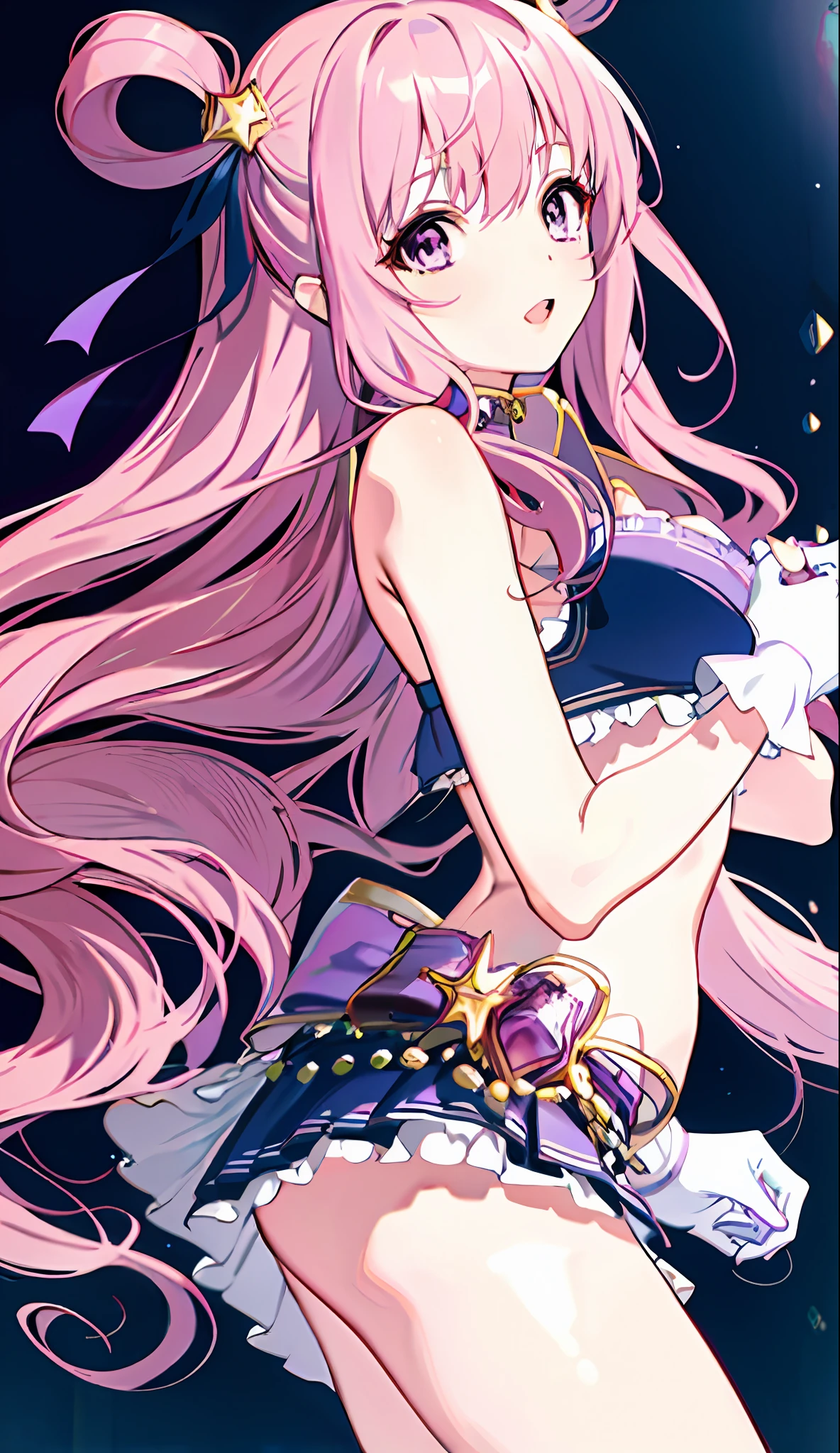 Front facing, masterpiece, highest quality, 8K animation, detailed fingers, precise fingers, not unnatural hands, illustration, 1 girl, solo, sagging eyes, rings in hair, long pink hair, purple bikini bra, mini skirt with white ruffles, white gloves, large purple eyes, yellow bonbons on both hands, Hatsune, kind gaze,