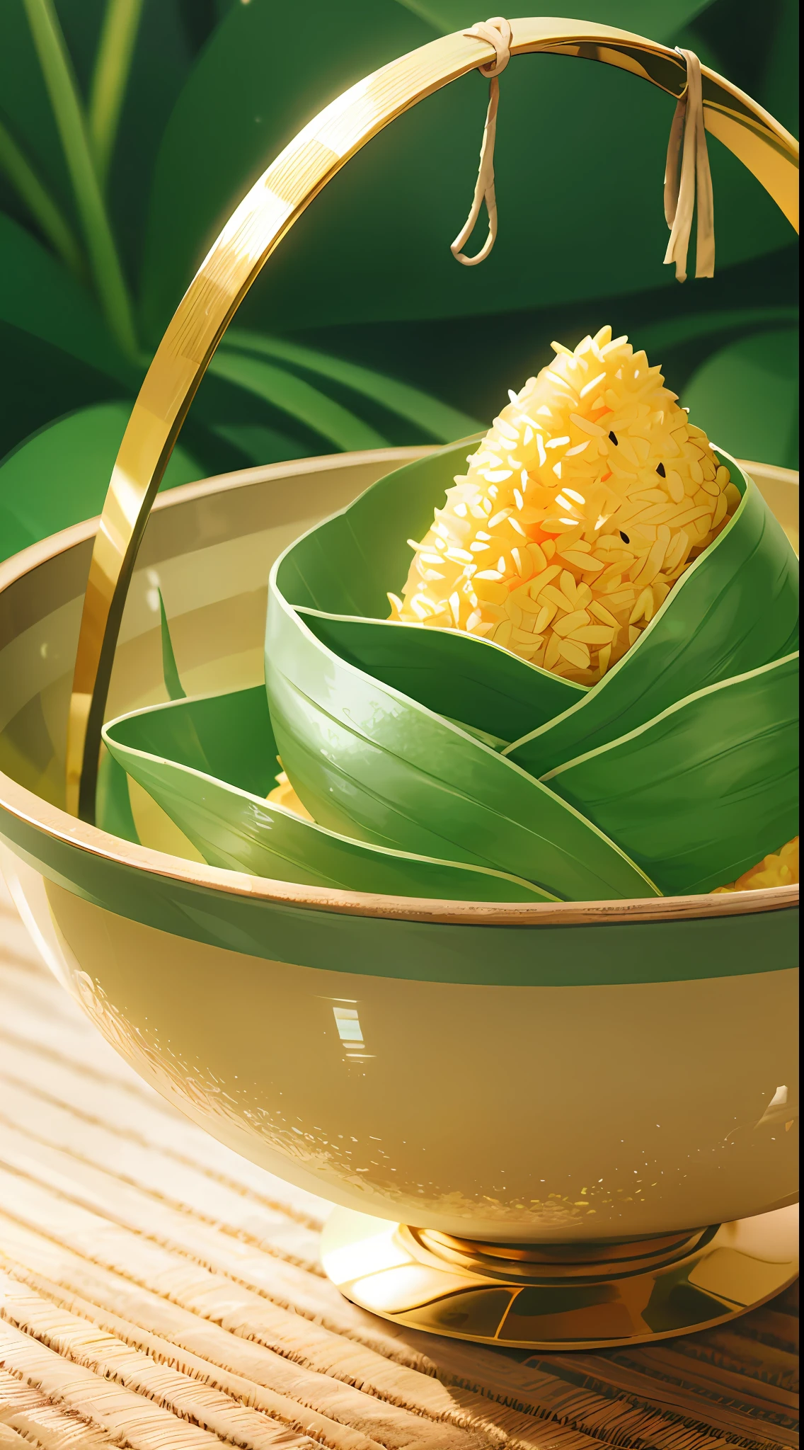 A three-dimensional triangular shaped golden rice ball, placed in a beautiful bowl, cushioned with a green bamboo leaf, delicious, extremely tempting, steaming, 3D, Illustrations,