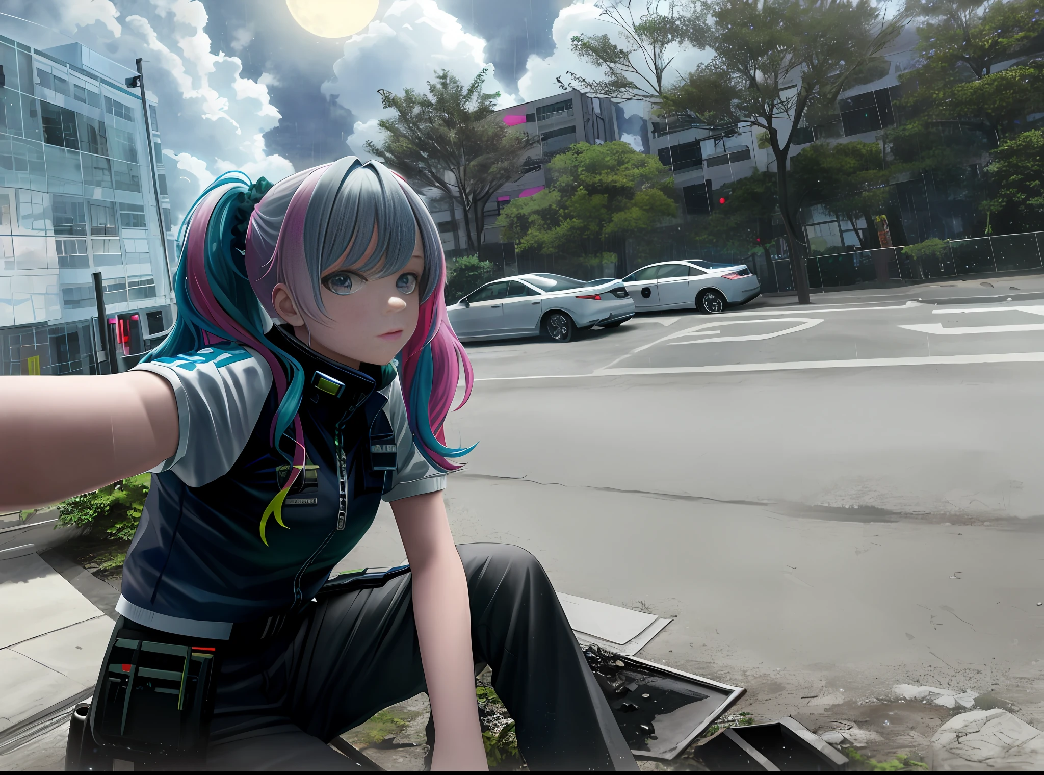 scenery, forest, village, well, sky, clouds, lucy \(cyberpunk\), 1girl, hair scrunchie, hime cut, silver hair, colored tips, full moon, grey eyes, jacket, long sleeves, looking at viewer, medium hair, multicolored hair, parted bangs, parted lips, pink hair, portrait, red eyeliner, red lips, solo, white jacket, cyberpunk \(series\), rainy night in a cyberpunk city with glowing neon lights