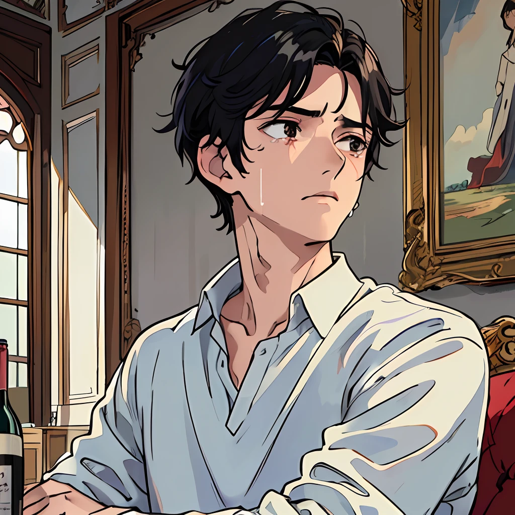 (Masterpiece, best quality, exquisite facial features), a 25-year-old handsome man, short black hair, black eyes, expression crying, face full of tears and red face, wearing a white shirt, black pants, sitting on the floor, there are many empty wine bottles around, in the room, there is not much furniture in the room, half body