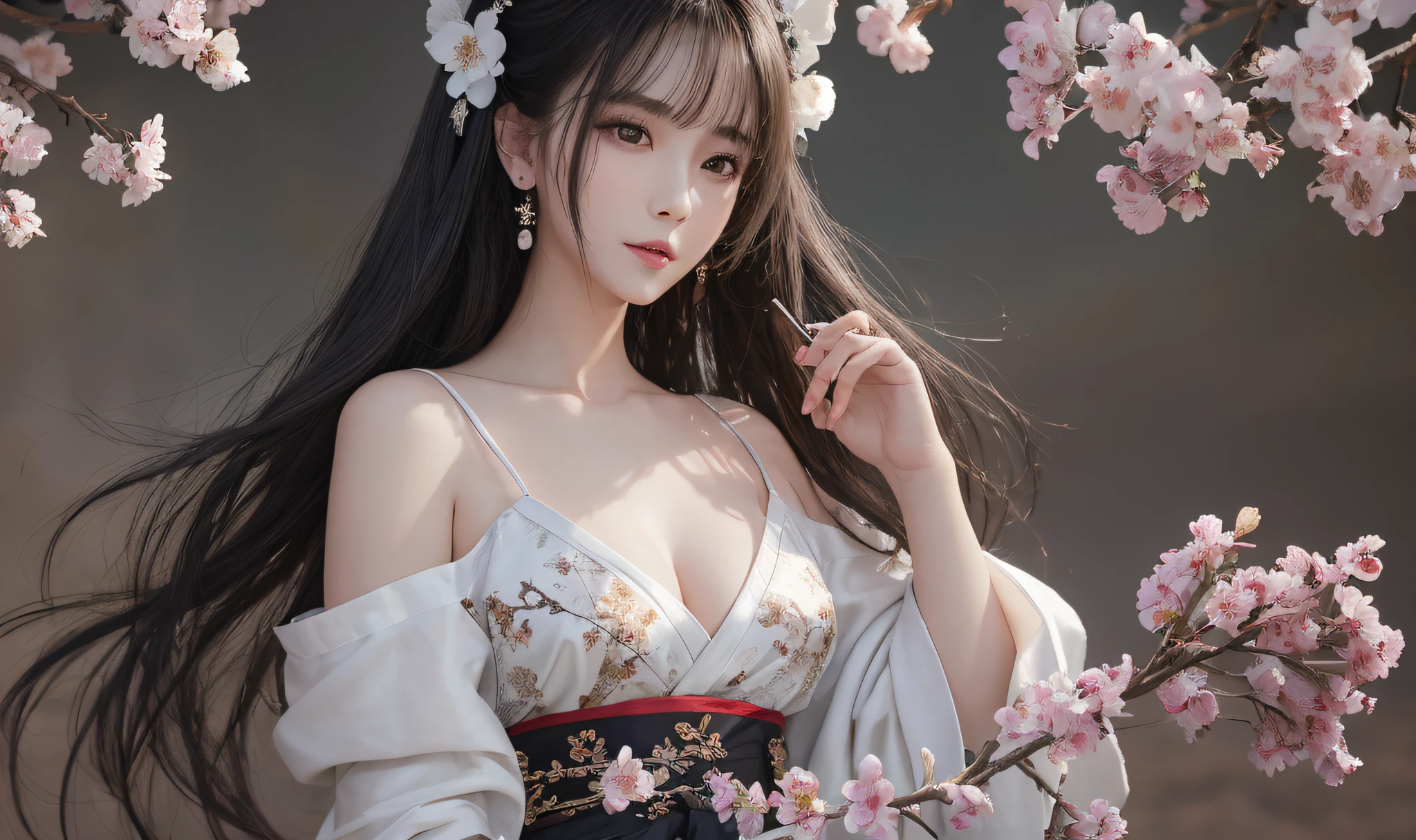 portrait of a girl, (face:1.2), Floating hair, wind, clouds, sunshine, movie light, bangs, face close-up, sky background, oil painting texture, clear hair, light hair, flowers, girls, smiles, bright eyes, single line shoulder, collarbone, shirt, autumn, bare shoulder, bare tree, black hair, branch, cherry blossom, cleavage,coat, (robe:1.21), collarbone, earrings, gray background, hair accessories, Hanfu, Holding a pipe, jewelry, lips, long hair, medium breasts, sitting, solo, tassel, tree, wide sleeves, see through clothes, translucent clothes, silk, Shuke walking horse, negative space, ink painting, standing woman portrait, Willow Branch, (Masterpiece best quality :1.2), traditional Chinese ink painting, model shooting style, peace, looking at the audience, wearing long Hanfu, Song, Willow as background, Ochangshuo, shirt, nsfw whole body, head to toe, natural body, girly feeling, flying hair