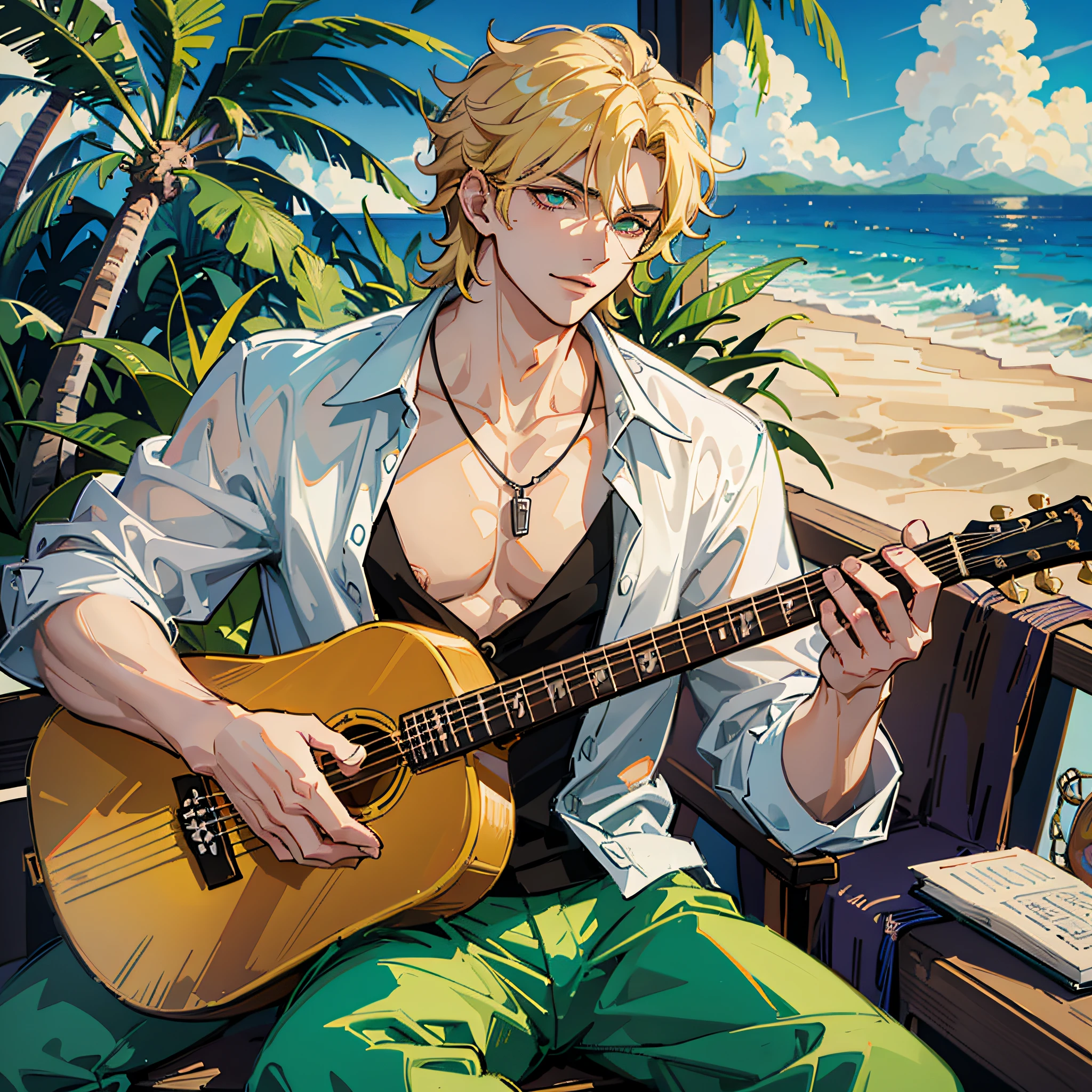 Sure! Here's a description of Dio Brando in an anime style, as per your request:
Dio Brando, in this anime-style depiction, exudes confidence and charm. He is dressed in an open white shirt, revealing his well-toned chest muscles. Sporting round green sunglasses, his eyes are hidden, adding an air of mystery to his character. A mischievous smile adorns his face, reflecting his cunning personality.
Seated on a chair by the shoreline of a picturesque beach, Dio enjoys the tranquility of the scene. The waves gently lap against his feet, creating a soothing ambiance. Wearing green flip-flops and white shorts adorned with green palm trees, he embraces the tropical vibe. The sun shines brightly, illuminating the surroundings and casting a warm glow.
In Dio's hands, he skillfully strums a ukulele, its soothing melodies harmonizing with the sound of the crashing waves. His fingers glide effortlessly over the strings, demonstrating his musical talent. The combination of his musical expression and serene beach setting creates a captivating scene.
Overall, this portrayal captures Dio Brando in an anime-style illustration, showcasing his alluring presence and musical inclination, while immersing him in a tranquil coastal backdrop. --auto --s2