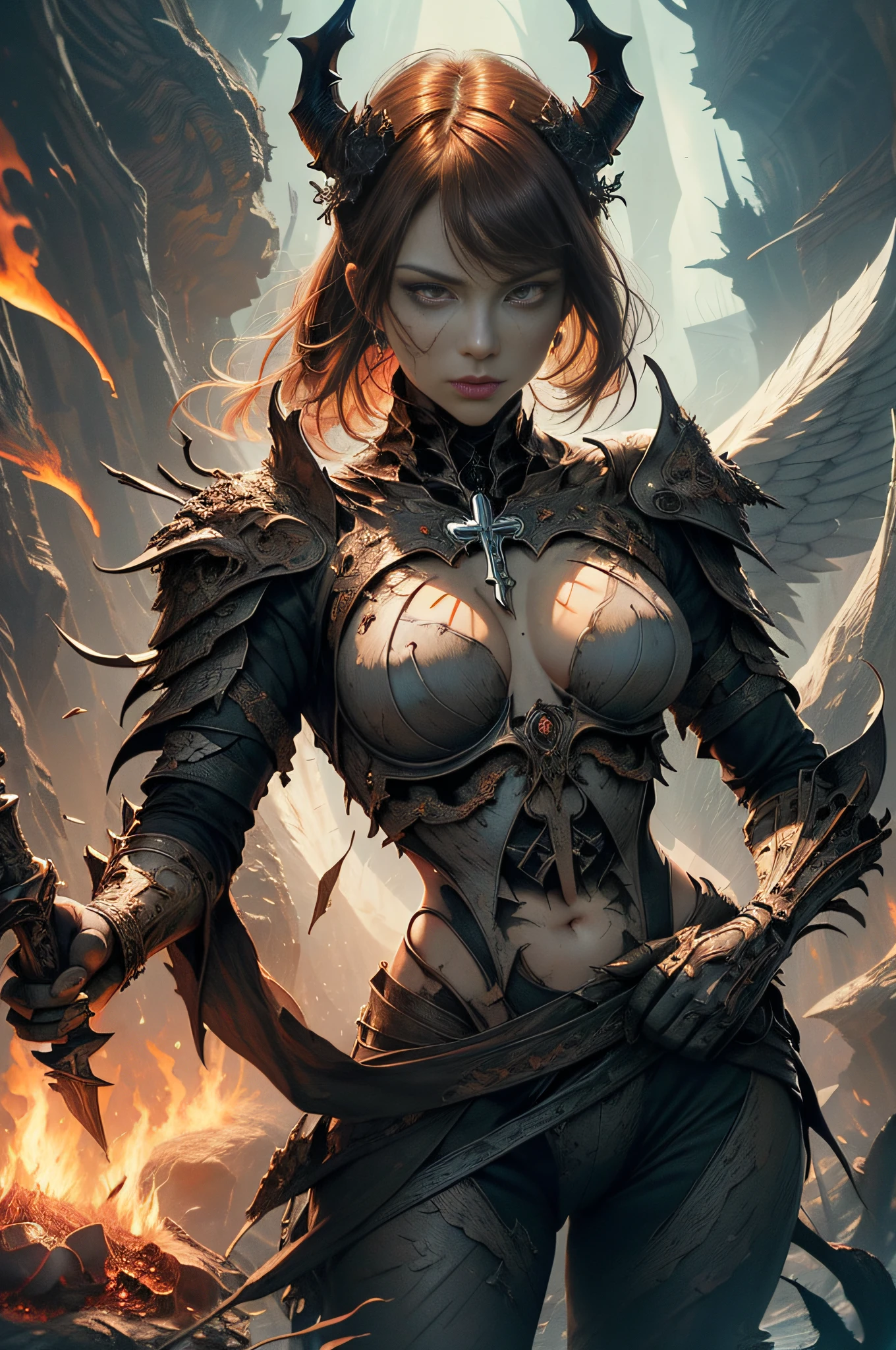 [Detailed illustrations, art based on extremely ideal anatomy, very detailed and detailed drawings, slow and delicate pen touches, realistic texture expression],((Accurate simulation of light-material interactions, understanding of air flow, mechanically correct expression))),(Design built at a high level,((Advanced structural understanding)),Ideal color coordination),(( Intricate decoration (ultra-dense detail)),(Detail,High Definition)(Color tressed lines)),(Artwork of outstanding virtuosity),(Fine and beautiful skin expression (transparency))),(Perfect and beautiful face,Realistic face detail),(Perfect eye (Realistic pupil detail (Beautiful iris drawn in detail) (Sharp pupil))),(Perfectly proportioned proportions)),( Lava Cave Background ((Flame Hell))),Demon Knight [DemonGirl with Red Skin, 19 Years Old, Slender Muscular] Flame Hair, Bone Armor (((Cross-shaped wound on chest)))) Skull Mask,(Fresh Blood Blade (Edge)),(Burning energy from inside the body)))),[Ultra Precision Detail,High Quality,High Resolution,(Multilayer Texture))],(( Visual art with a sense of narrative)).