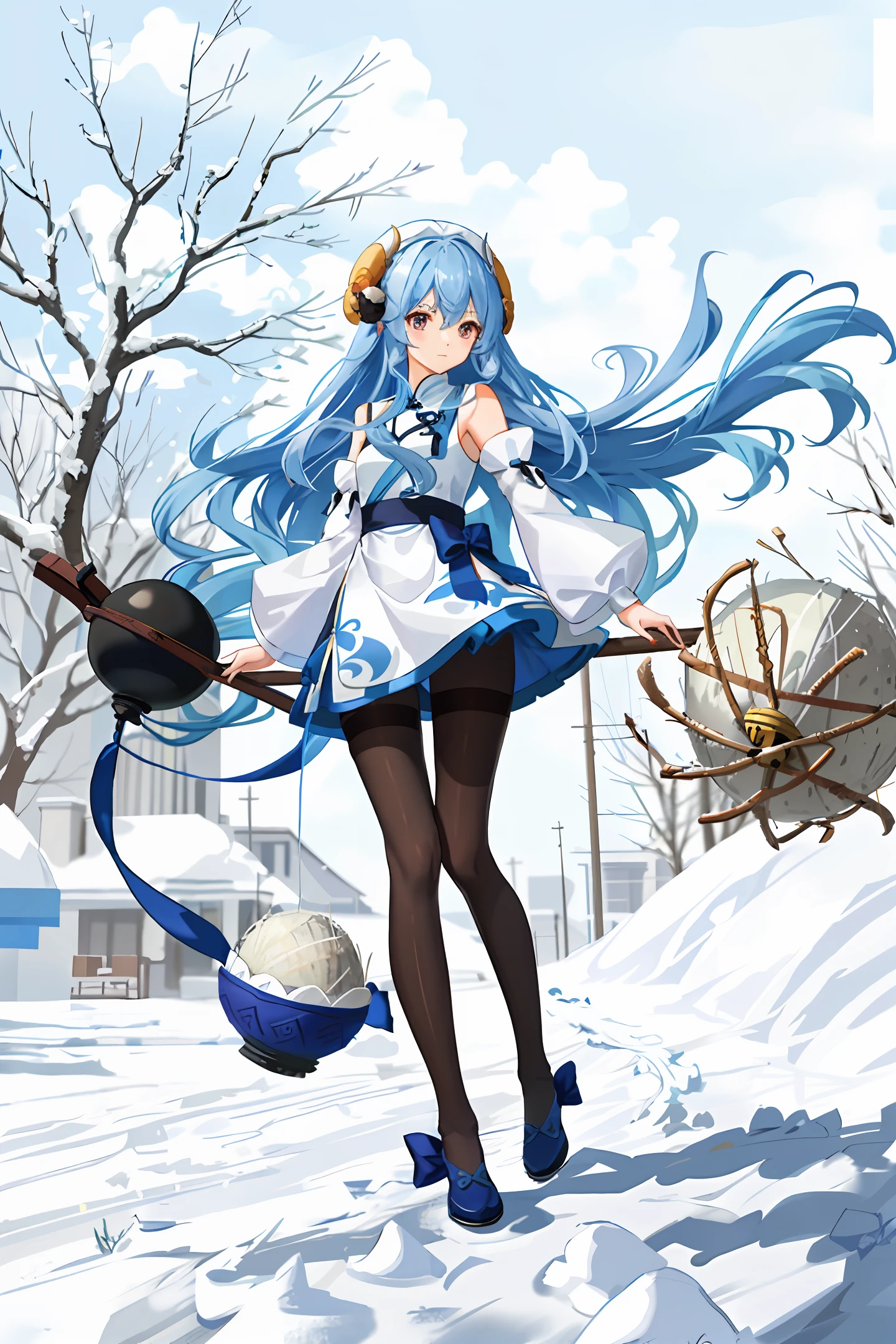 Legs drawn bow, long blue hair, coconut sheep, black pantyhose, cheongsam, girl, bell