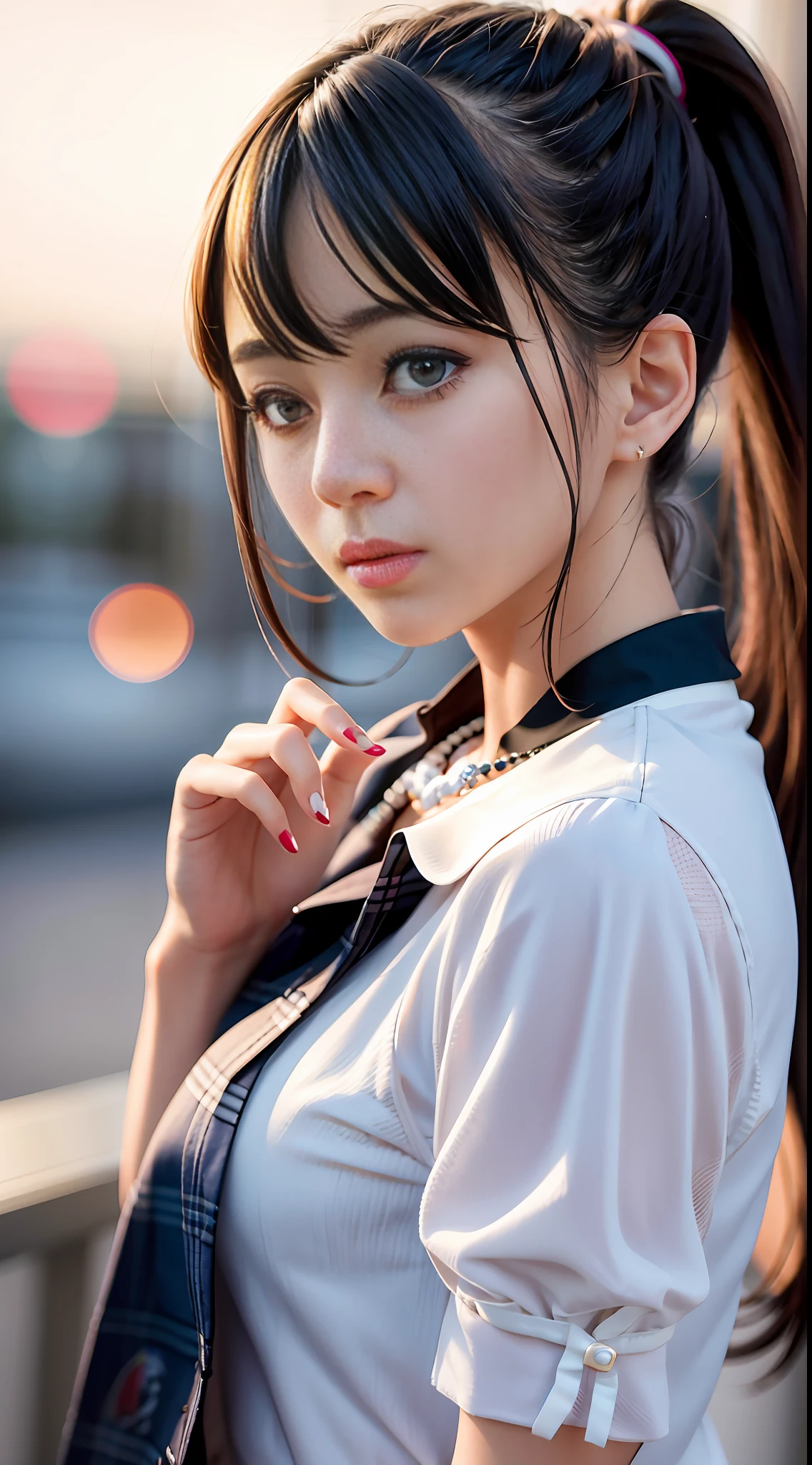 best quality, masterpiece, high_res, 1girl, hair ornament, necklace, jewelry, Beautiful face, tyndall effect, photo realistic, rim lighting, (high detailed skin:1.2), 8k uhd, dslr, soft lighting, high quality, volumetric lighting, candid, Photograph, high resolution, 4k, 8k, Bokeh, medium breasts, absurdres, ponytail contorted, best ratio four finger and one thumb, (ulzzang-6500-v1.1:0.9), school girl uniform,