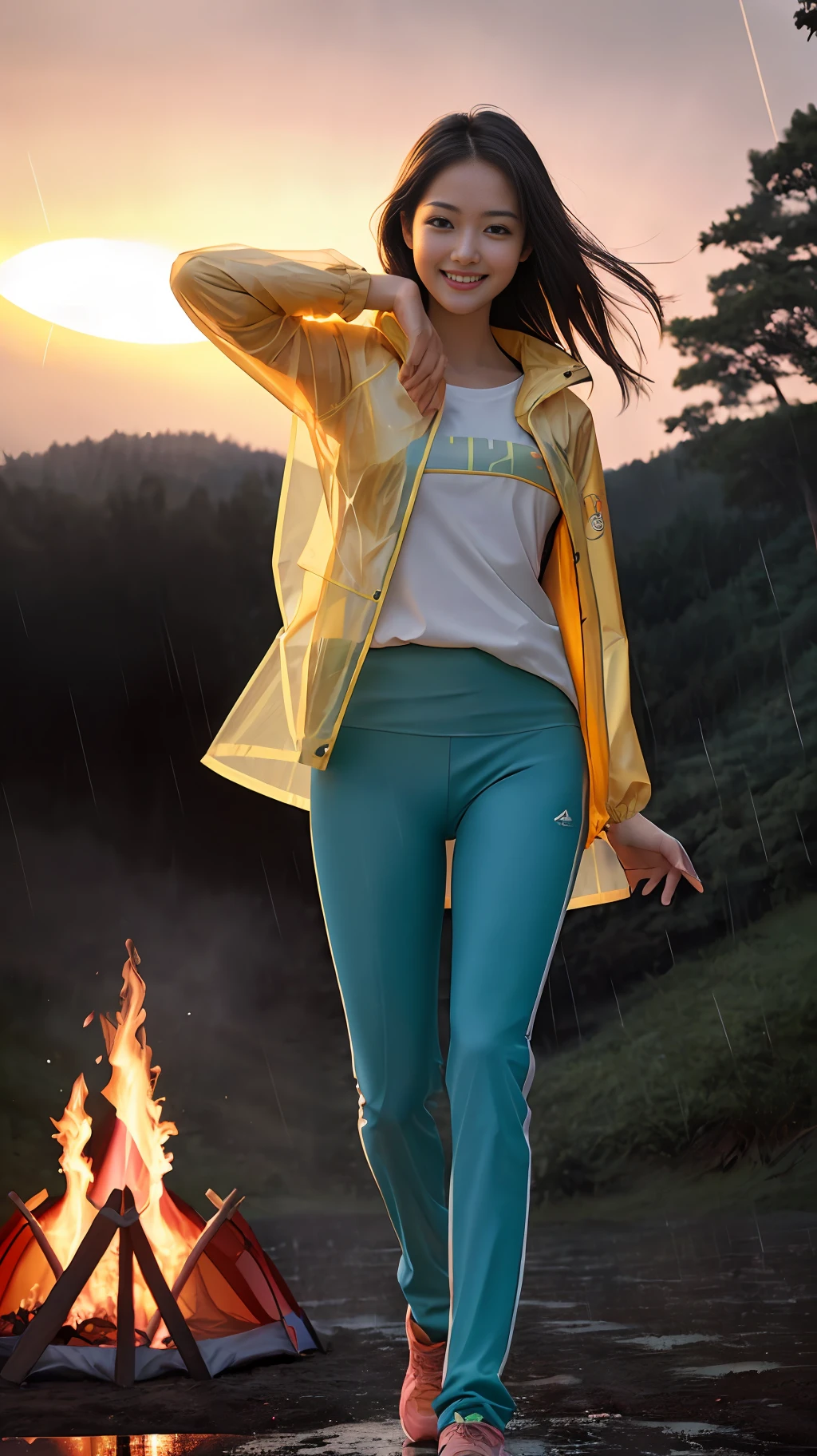 1girl, (best quality, masterpiece, ultra high resolution),(photorealistic:1.3), (realistic:1.3),(long legs:1.3), (closed mouth), (light smile:1.2), (expressive hair:1.2), (upper body), (Rain Jacket:1.3), (long trousers:1.2), (yoga pants:1.2), (running shoes:1.2), (Forests), (bonfires:1.3), (tents:1.3), (sunset:1.2), (arms behind back:1.2),(day:1.3), (bright lights:1.3), busty, dynamic pose, vivacious and seductive,(standing:1.2), (slender), (slender legs), shiny skin, nose blush, facing viewer,(each hand only has five fingers:1.2),