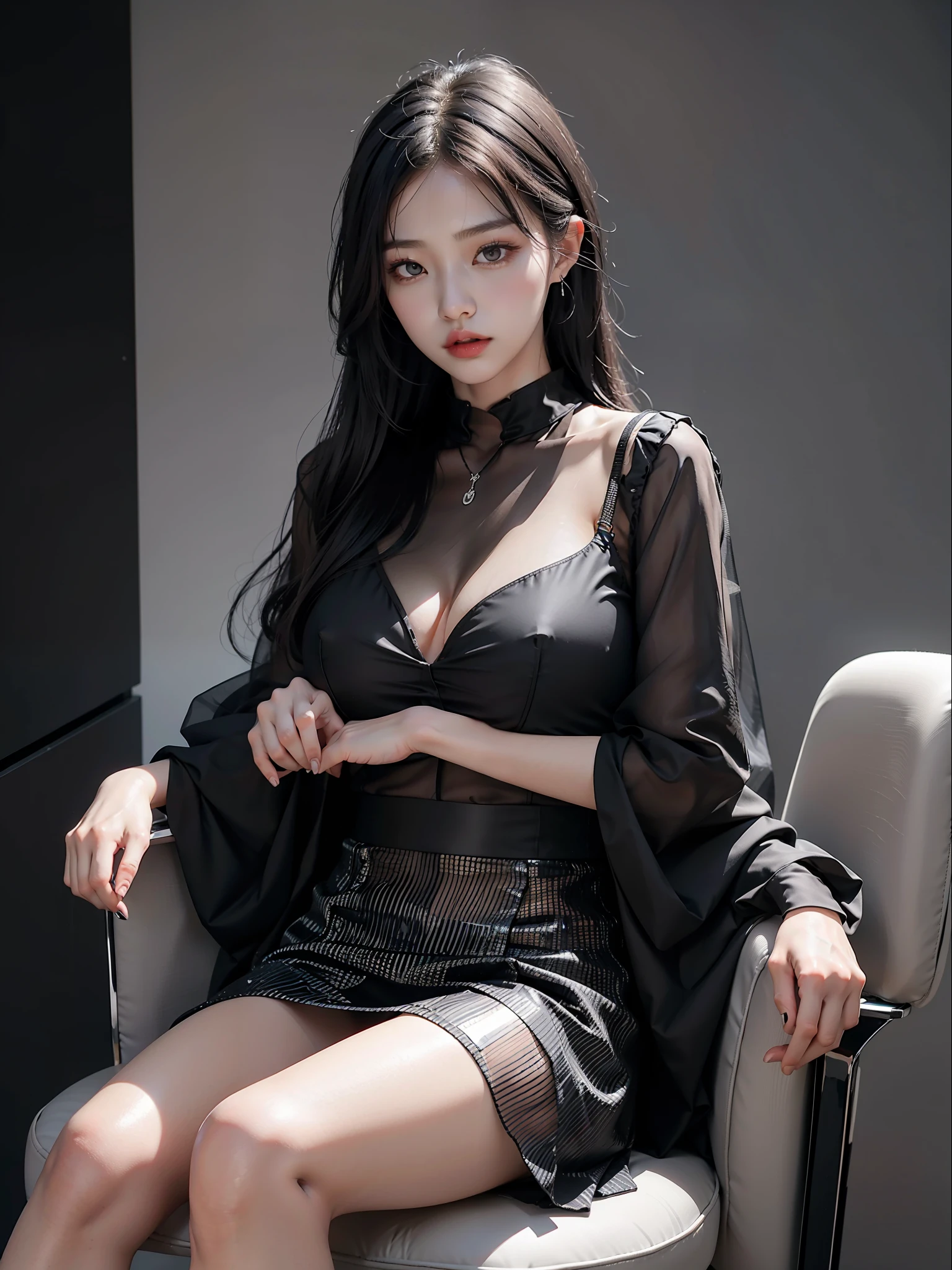 Sitting on chair in black dress, Korean female fashion model, transparent gray skirt, mesh shirt, chrome clothes, shiny silver, lucky I look, big breasts, best quality, masterpiece, super high resolution, realistic,