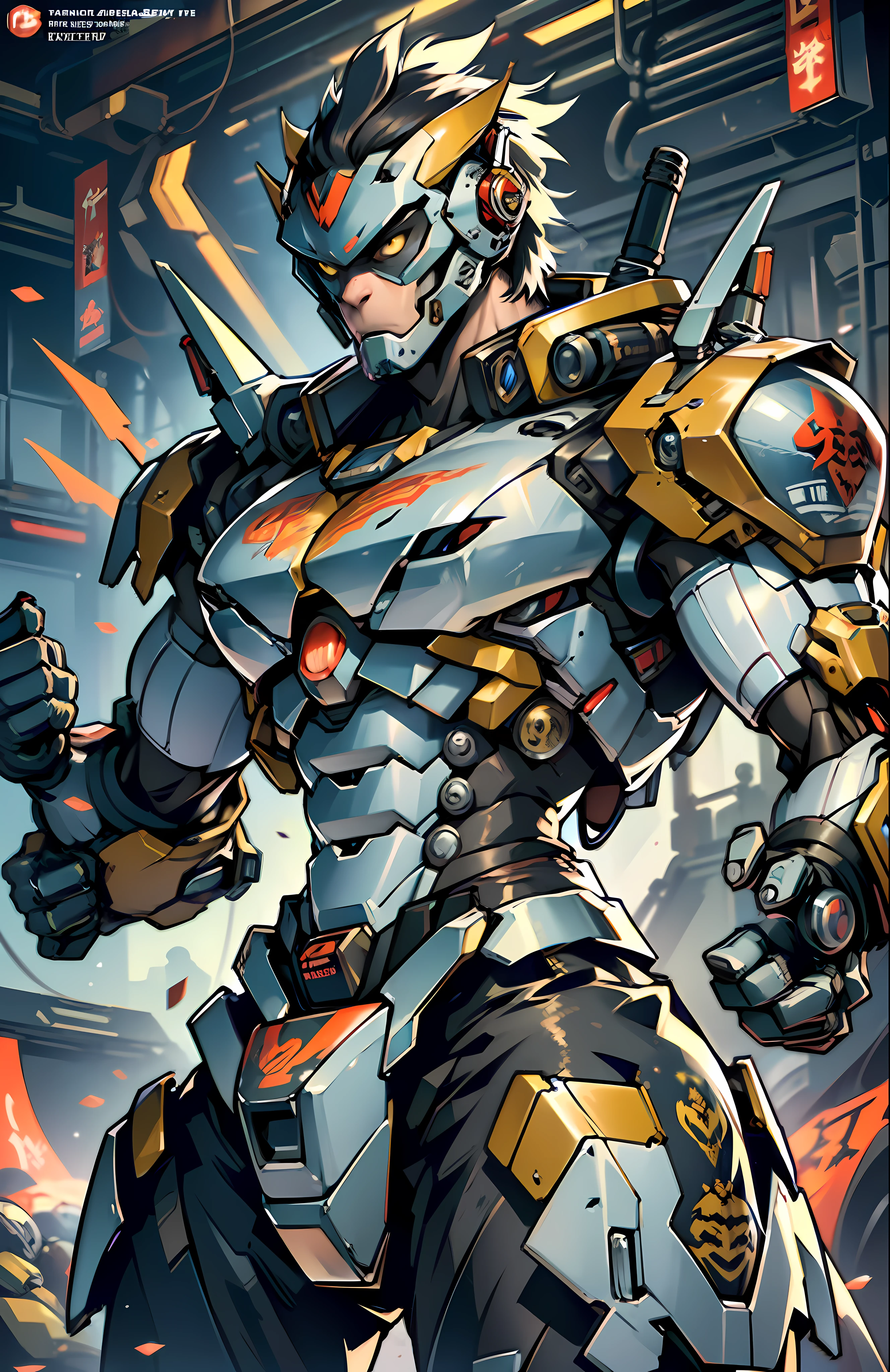 (Mechanized monkey head man, anthropomorphic design, with mecha elements, tattoos engraved all over the body, presenting a fighting stance, fierce and powerful, showing every exquisite detail)