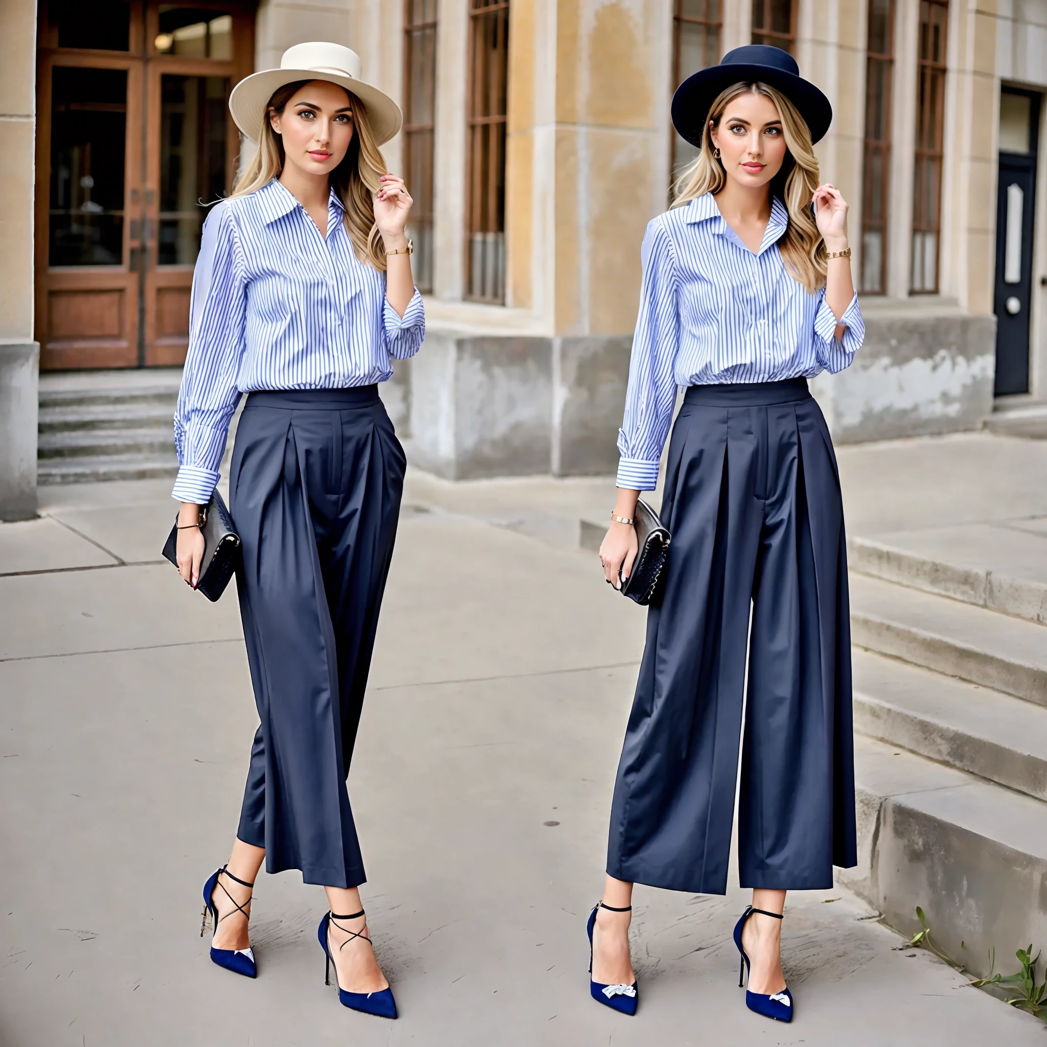 1. Top: Choose a loose-fitting blue and white striped long-sleeved shirt, with highlights on the collar embellishment and pleated design. It can be paired with wide-leg pants or a pencil skirt, giving an outstanding slimming effect.
2. Accessories: Pick a minimalist handbag and a hat with lace detailing to add a touch of romance and elegance to the overall look.
3. Footwear: Opt for a comfortable pair of flat shoes or lace-up high heels, which will ensure both comfort and a sufficient level of sophistication.