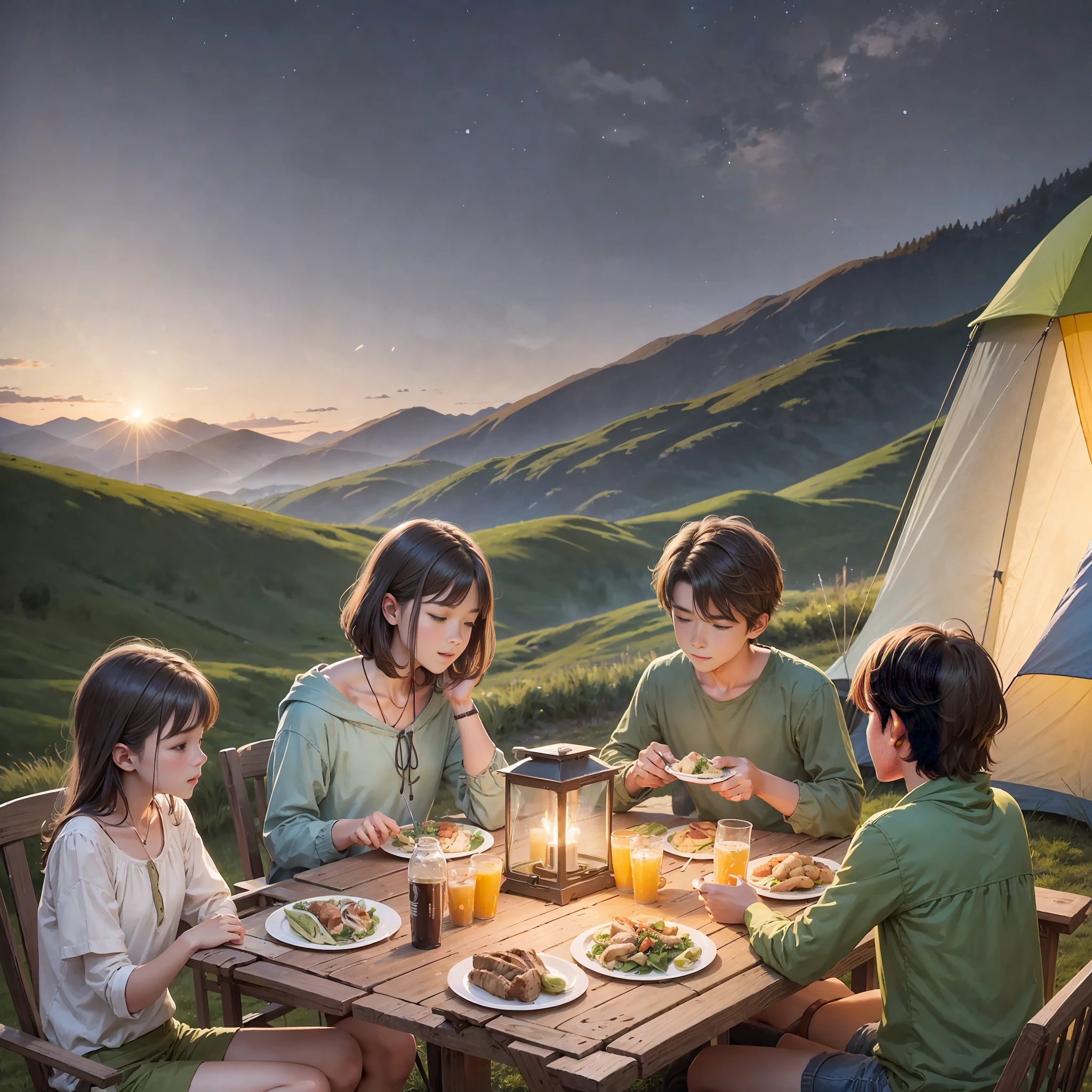 On a hot early summer night, the sound of frogs is everywhere, on a flat ground on the mountain ridge, green grass, blue, green, yellow, red, orange tents are connected into a small pile, next to the tent is a rectangular outdoor simple table, 3 lively and exquisite boys and 10 beautiful girls sit together, thick fog, an LED light on the tripod next to it shoots a pillar of light, illuminating the crowd, the atmosphere is warm, the table is full of food, everyone happily enjoys the food, spend a happy, romantic outdoor night together --auto --s2