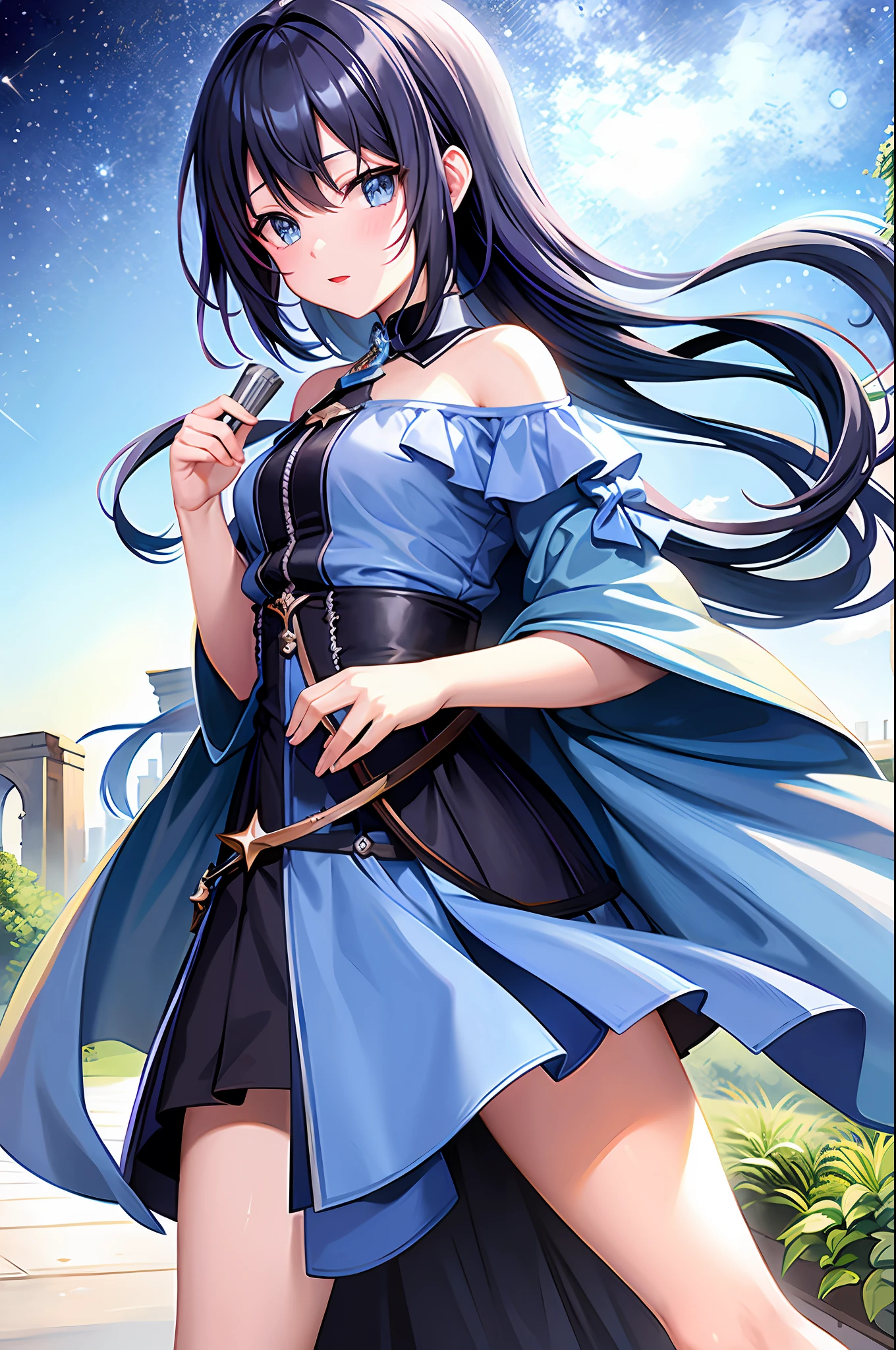 ruins starry sky blue girl steel frame uniform dusk